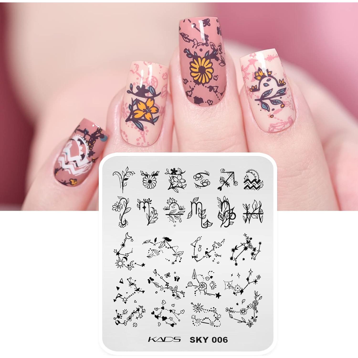 KADS Kit de 4 Plantillas de Estampado para Uñas - Mariposa, Pavo Real, Flor y Constelación