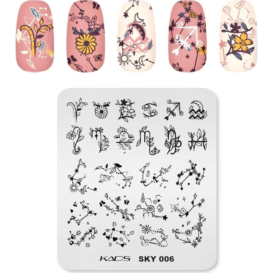 KADS Kit de 4 Plantillas de Estampado para Uñas - Mariposa, Pavo Real, Flor y Constelación