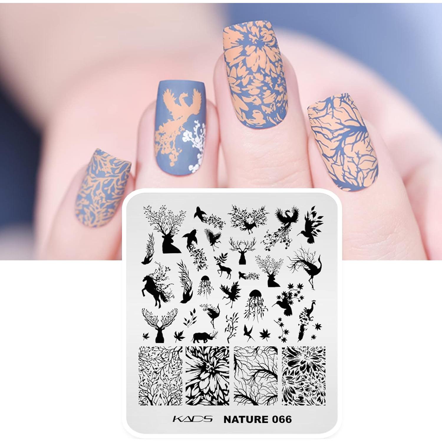 KADS Kit de 4 Plantillas de Estampado para Uñas - Mariposa, Pavo Real, Flor y Constelación