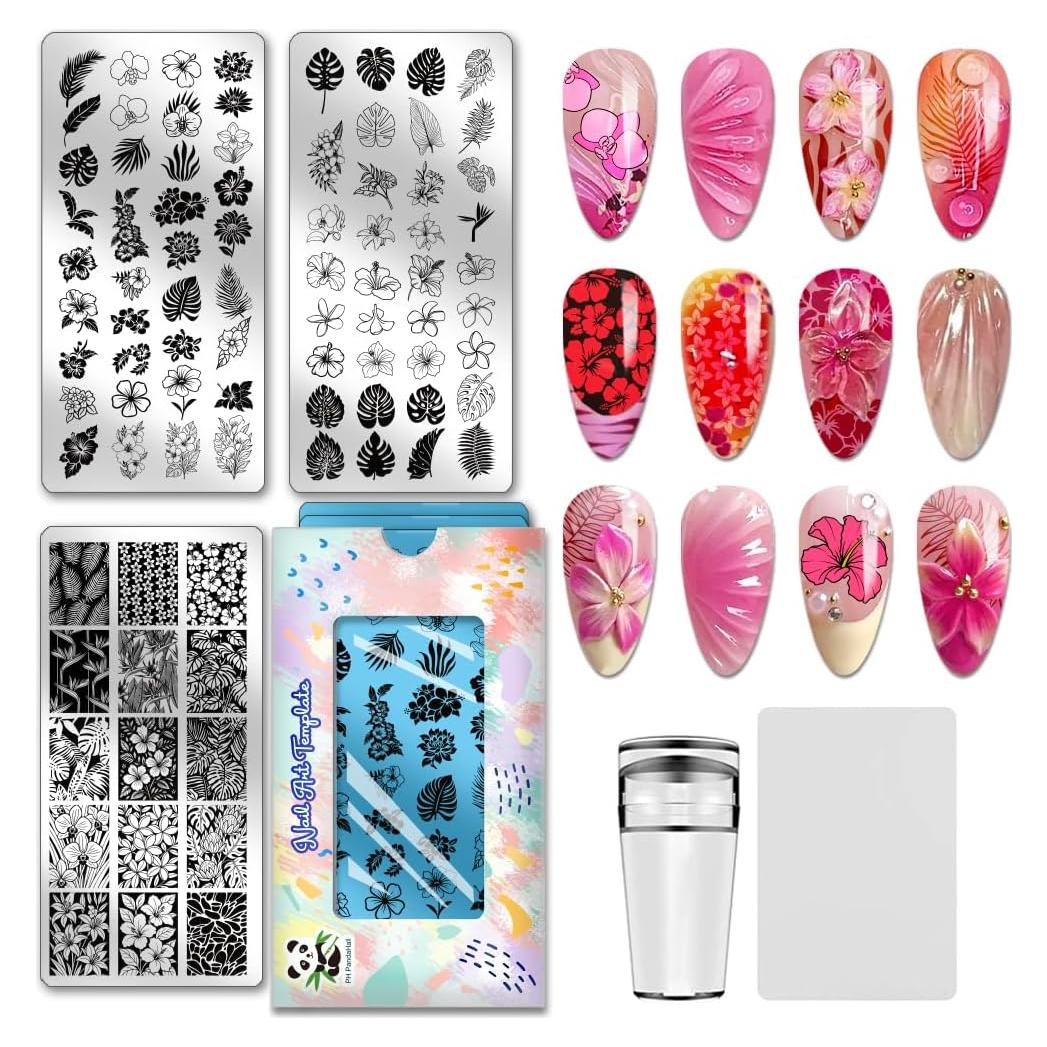 Placas de Estampado de Uñas PH PandaHall - 3 Piezas Flores y Hojas