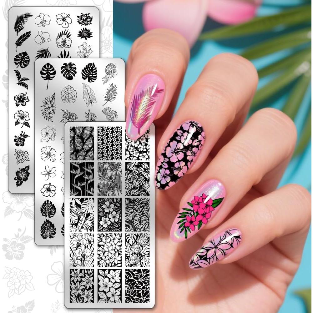 Placas de Estampado de Uñas PH PandaHall - 3 Piezas Flores y Hojas