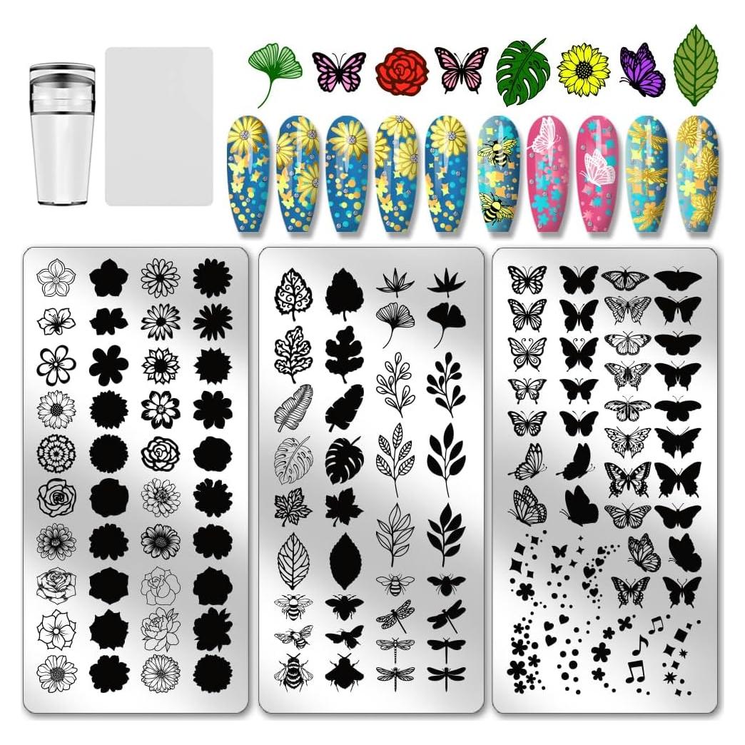 Plantillas de Arte de Uñas PH PandaHall - 3 Piezas Insectos y Flores