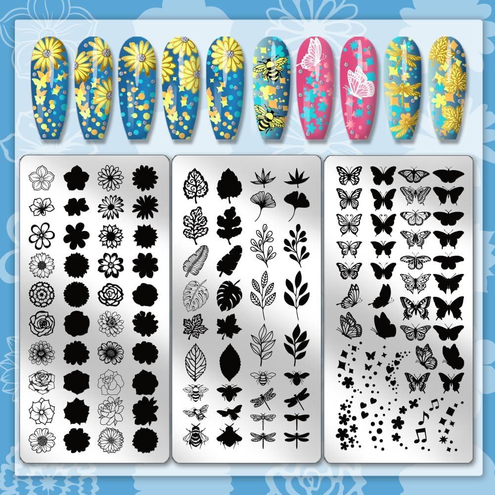 Plantillas de Arte de Uñas PH PandaHall - 3 Piezas Insectos y Flores