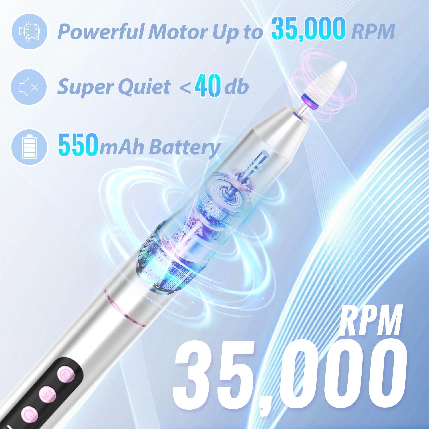 Taladro de Uñas Eléctrico Inalámbrico Denabuty 35000RPM con Lámpara UV