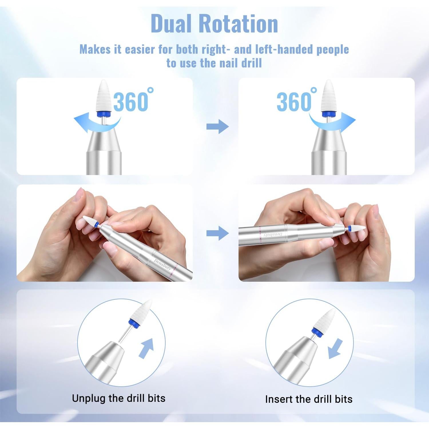 Taladro de Uñas Eléctrico Inalámbrico Denabuty 35000RPM con Lámpara UV