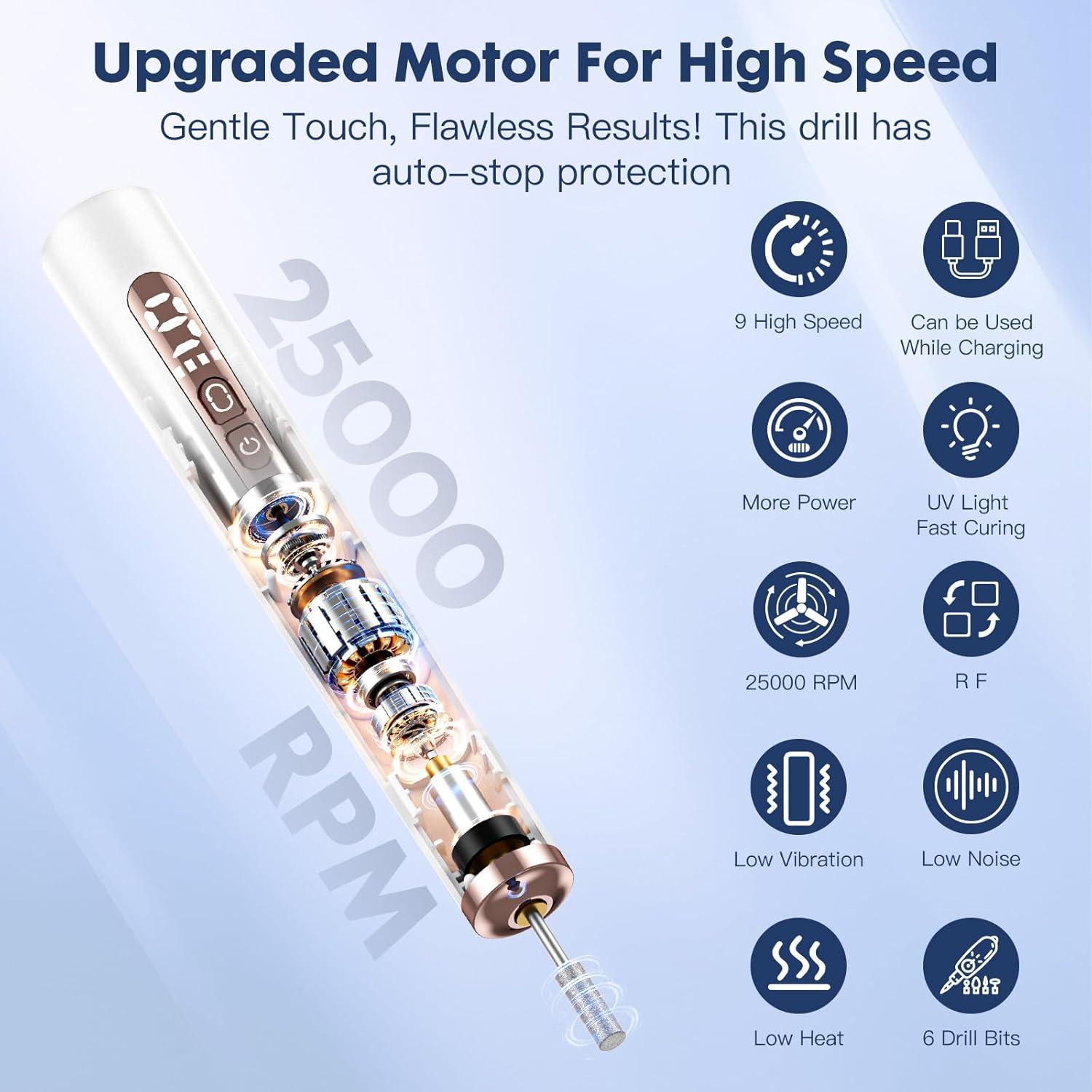 Taladro de Uñas Inalámbrico Yenlove 9 Velocidades con Lámpara UV