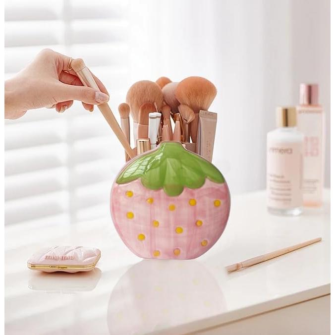 Soporte de Brochas de Maquillaje Cerámica Fresa LOTIKOU 12.5 cm Rosa