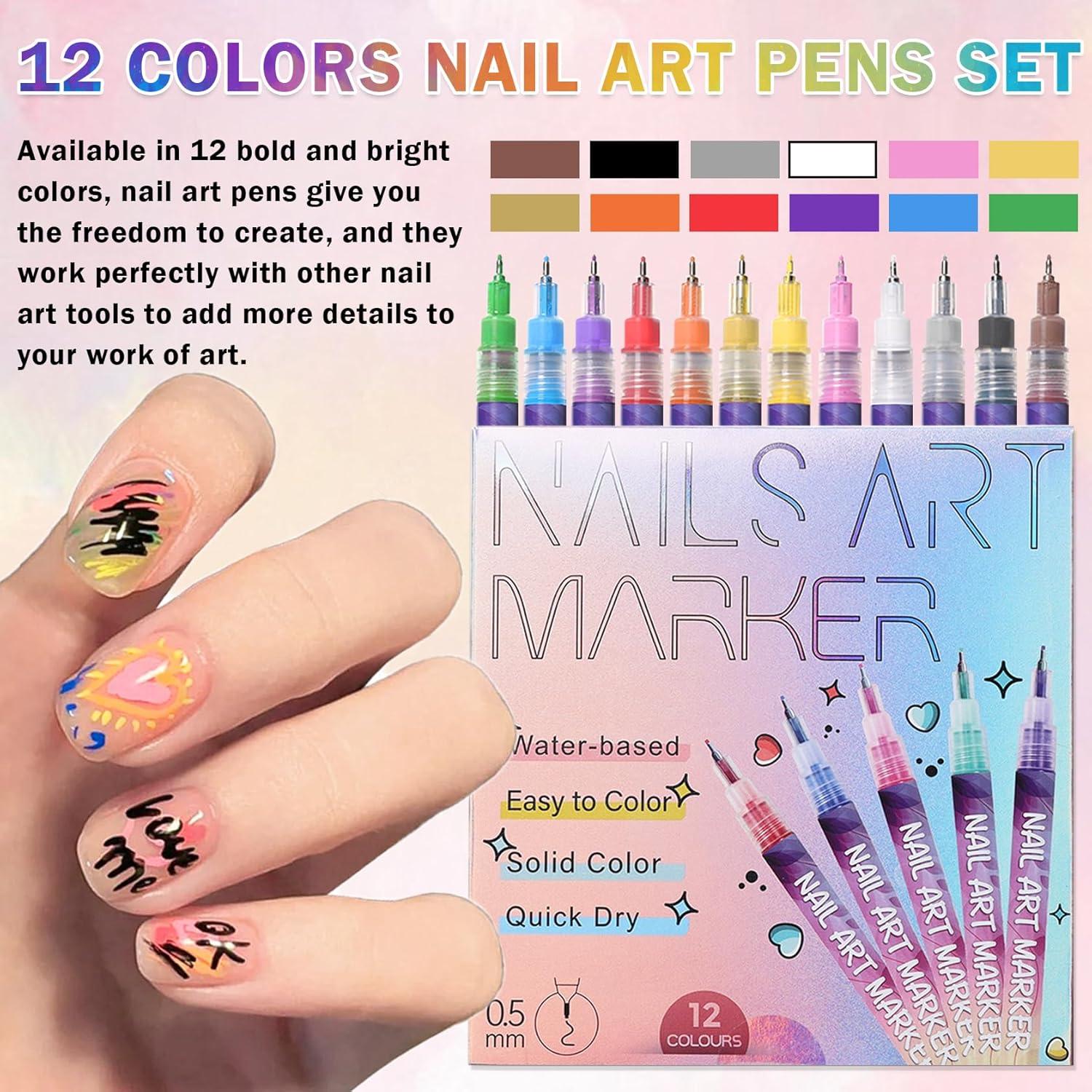 Juego de Bolígrafos para Arte de Uñas IONSGAKO 12 Colores 0.5mm