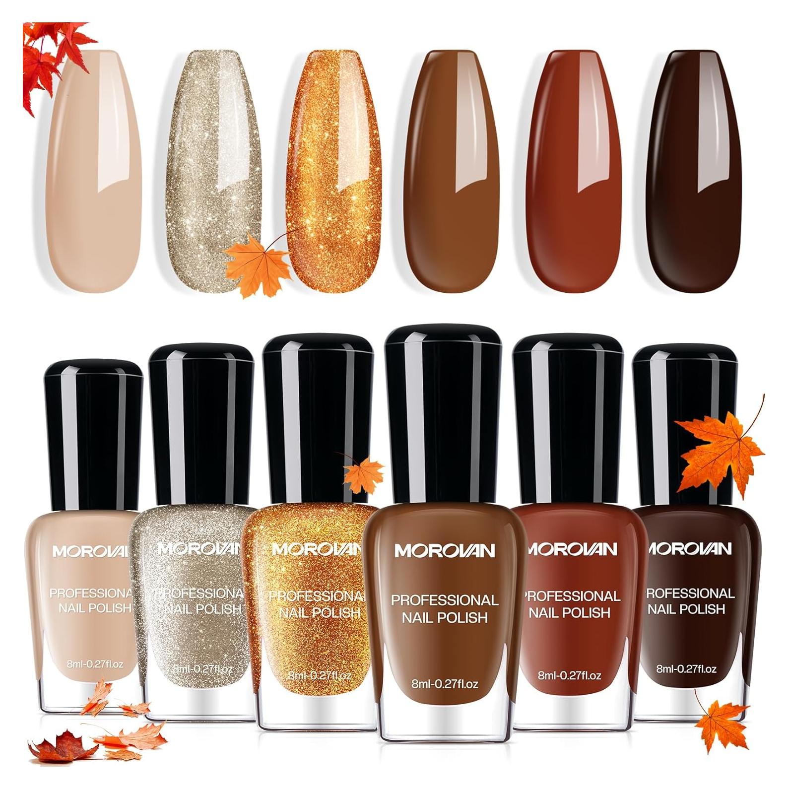 Morovan Fall Nail Polish Set: Dark Brown Burnt Orange Chocolate Mocha Mousse Coffee 2025 Fingernail Polish Kit Glitter Autumn Winter Tan Nude Air Quick Dry Regular Home DIY Manicurist Women Girls Gift