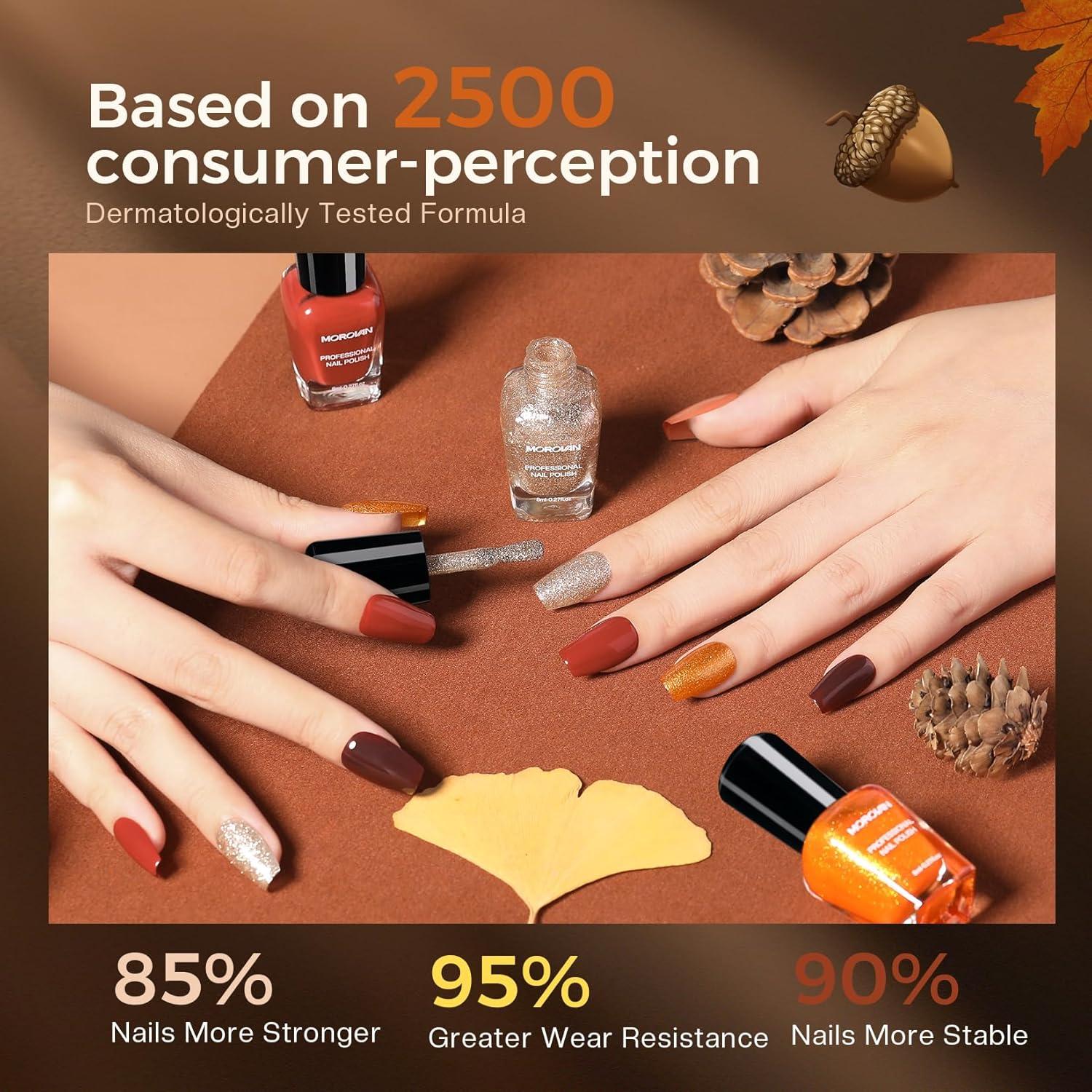 Morovan Fall Nail Polish Set: Dark Brown Burnt Orange Chocolate Mocha Mousse Coffee 2025 Fingernail Polish Kit Glitter Autumn Winter Tan Nude Air Quick Dry Regular Home DIY Manicurist Women Girls Gift