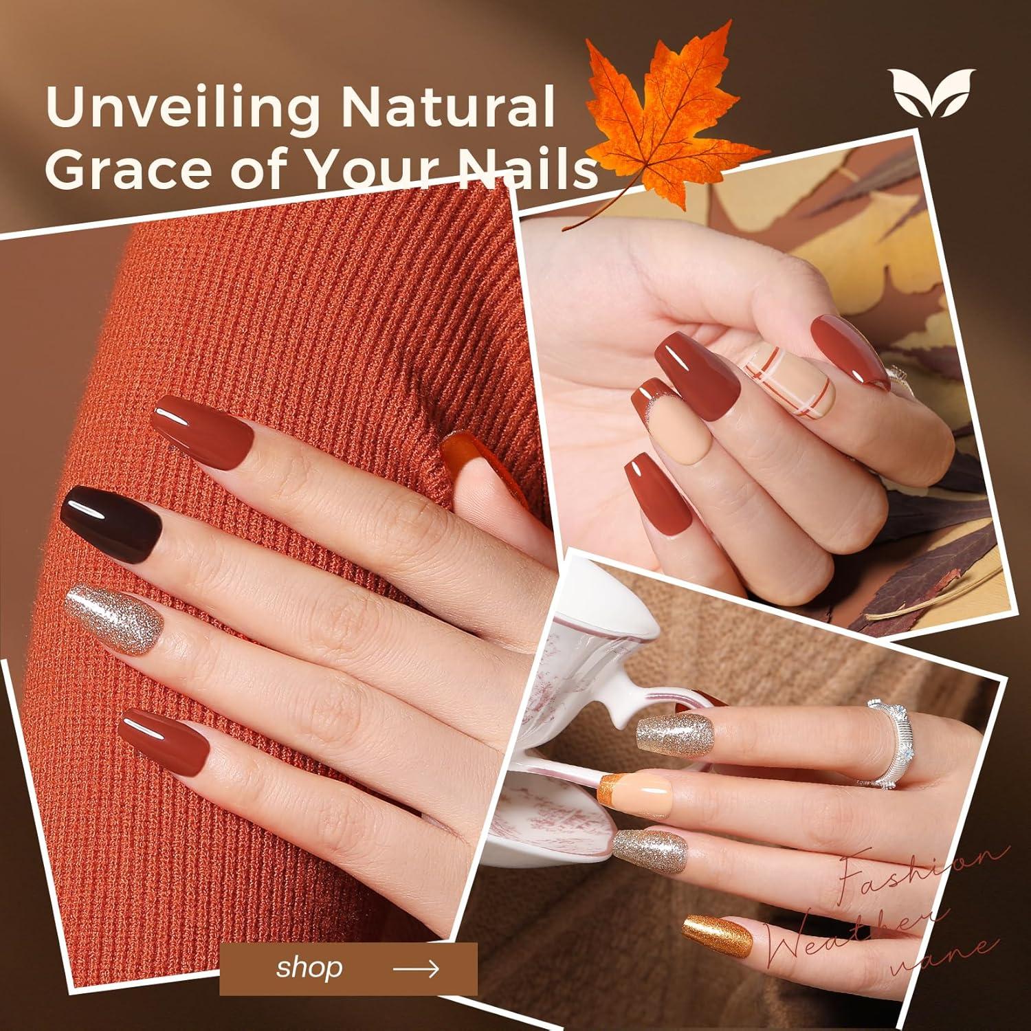 Morovan Fall Nail Polish Set: Dark Brown Burnt Orange Chocolate Mocha Mousse Coffee 2025 Fingernail Polish Kit Glitter Autumn Winter Tan Nude Air Quick Dry Regular Home DIY Manicurist Women Girls Gift
