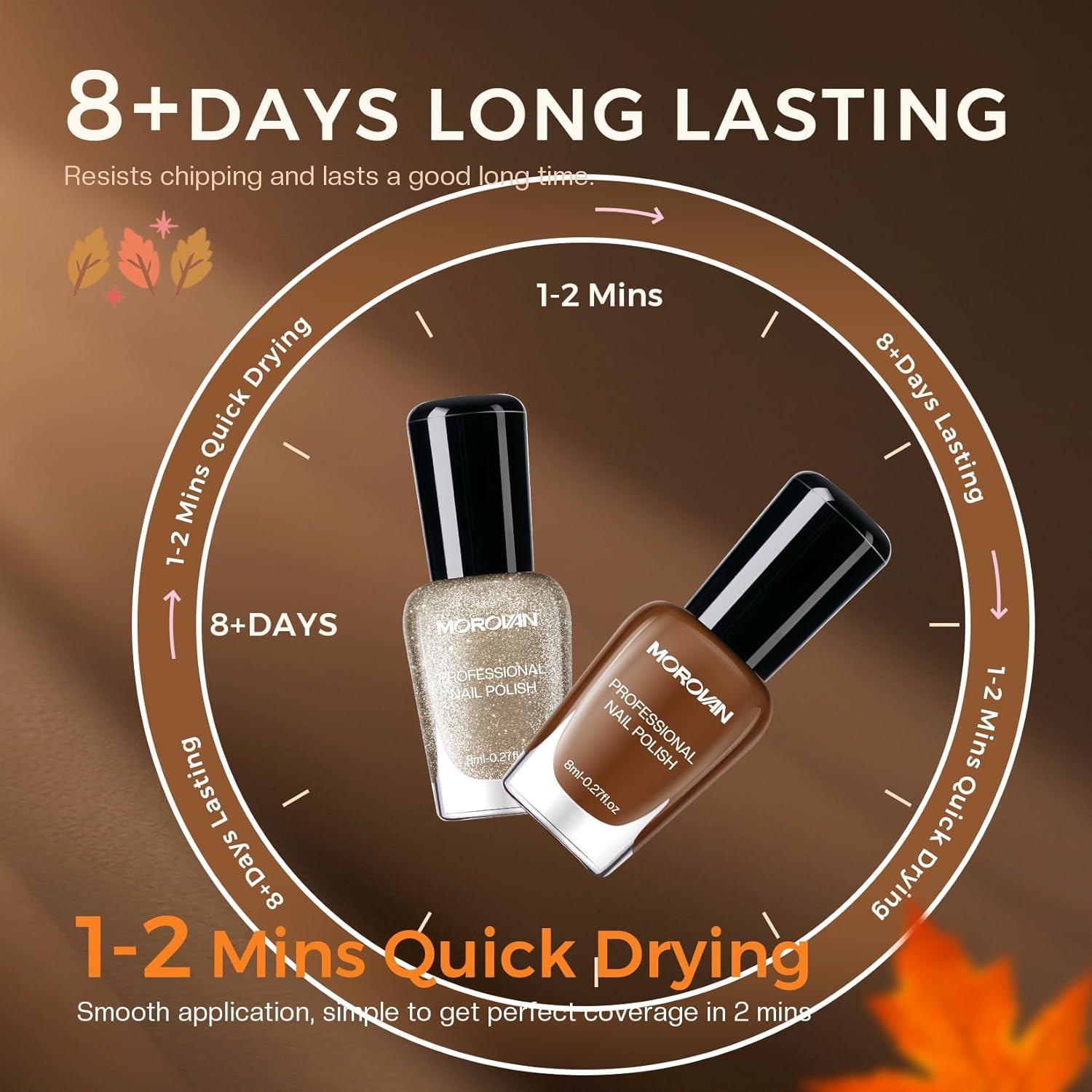 Morovan Fall Nail Polish Set: Dark Brown Burnt Orange Chocolate Mocha Mousse Coffee 2025 Fingernail Polish Kit Glitter Autumn Winter Tan Nude Air Quick Dry Regular Home DIY Manicurist Women Girls Gift