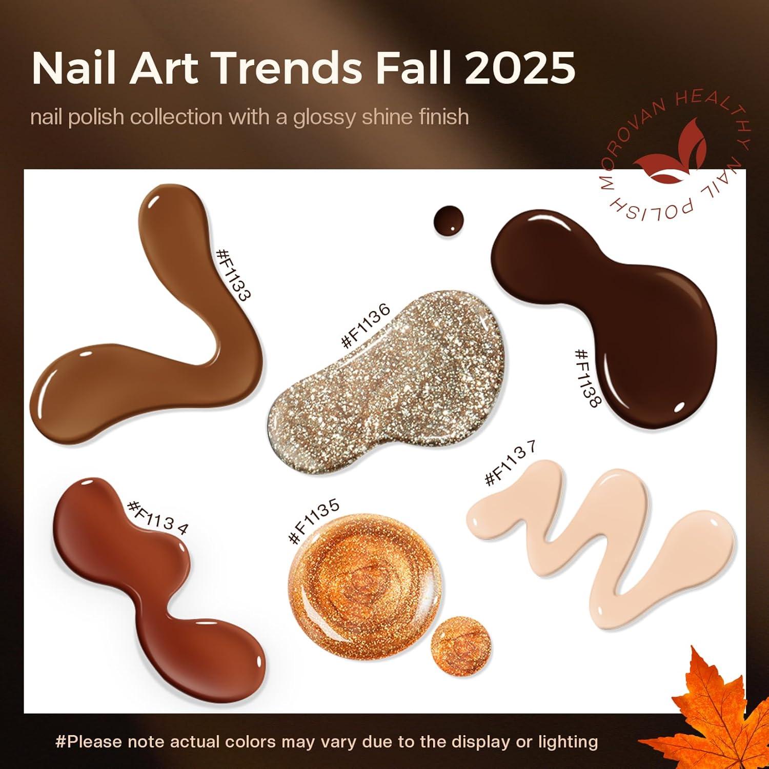 Morovan Fall Nail Polish Set: Dark Brown Burnt Orange Chocolate Mocha Mousse Coffee 2025 Fingernail Polish Kit Glitter Autumn Winter Tan Nude Air Quick Dry Regular Home DIY Manicurist Women Girls Gift