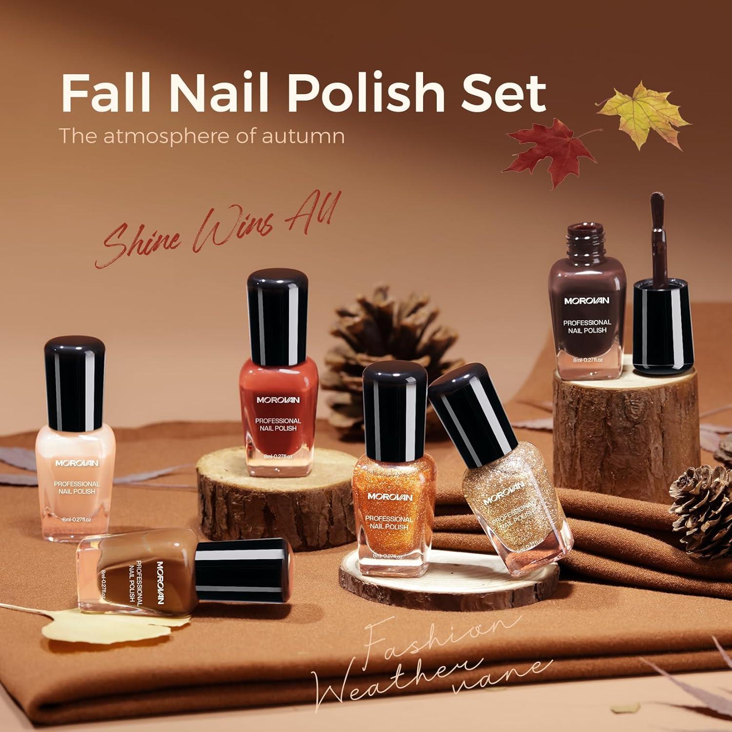 Morovan Fall Nail Polish Set: Dark Brown Burnt Orange Chocolate Mocha Mousse Coffee 2025 Fingernail Polish Kit Glitter Autumn Winter Tan Nude Air Quick Dry Regular Home DIY Manicurist Women Girls Gift