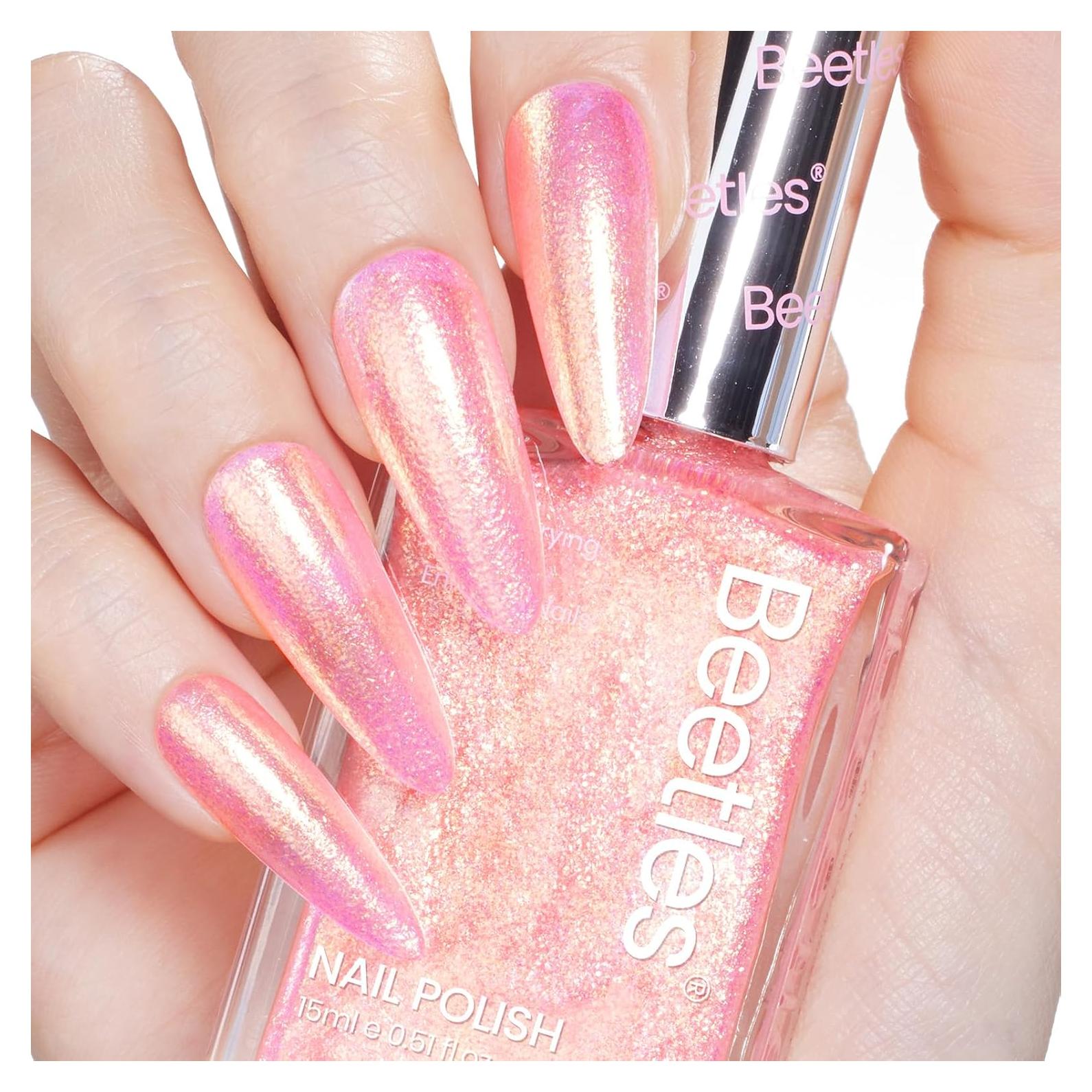 Esmalte de Uñas Rosa Beetles 15ml Secado Rápido Brillo Dorado