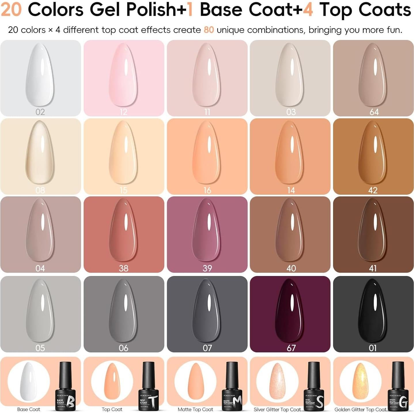 Kit de Esmalte de Uñas en Gel PEACECOLOR 26 Pcs 20 Colores Otoño