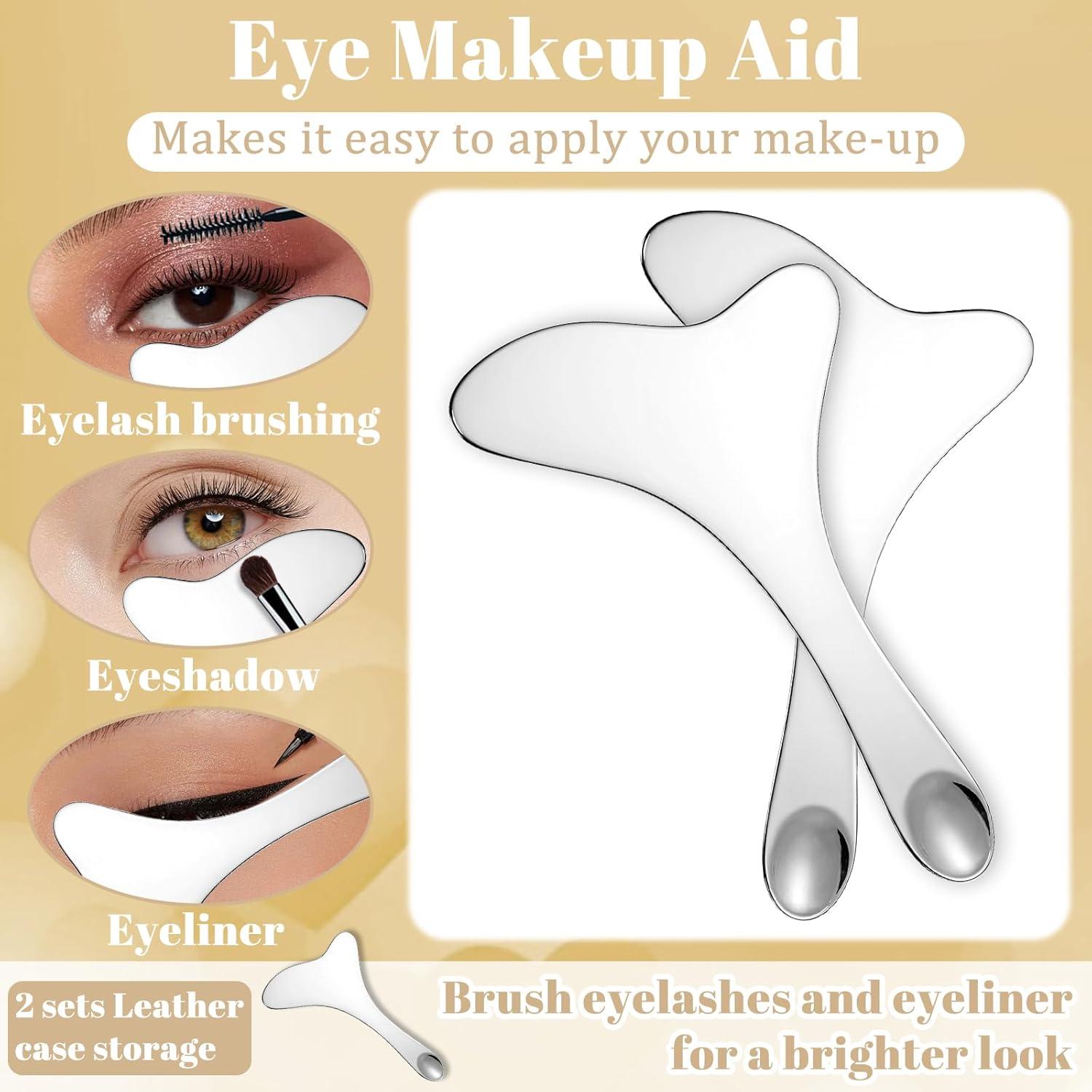 2Pcs Stainless Steel Eyeliner Stencil, Eyeliner Aid Includes 2pcs PU Leather Case, Eyelash Eyeshadow Lipstick Applicator Guide Tool, Multi-functional Eye Makeup Tool