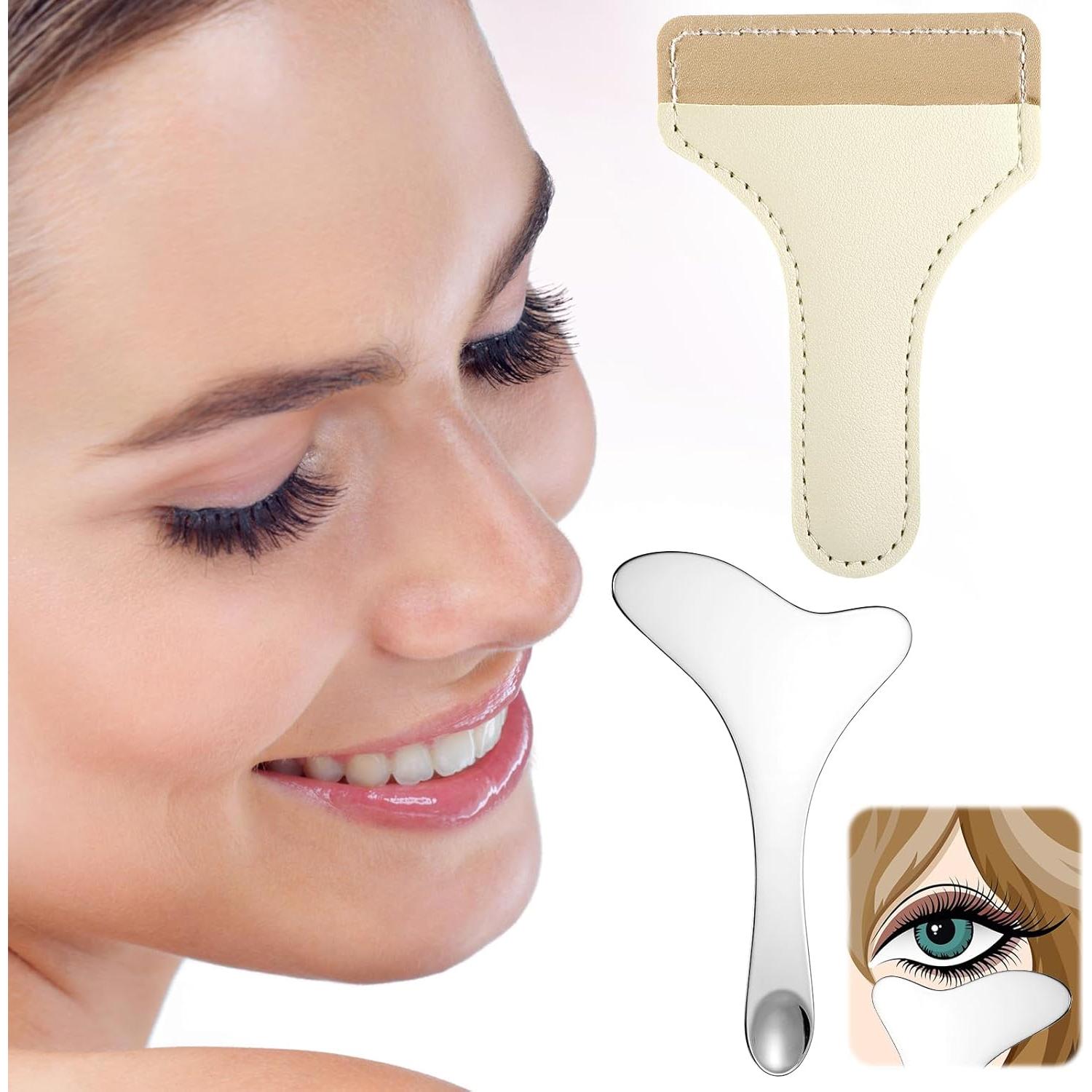 2Pcs Stainless Steel Eyeliner Stencil, Eyeliner Aid Includes 2pcs PU Leather Case, Eyelash Eyeshadow Lipstick Applicator Guide Tool, Multi-functional Eye Makeup Tool