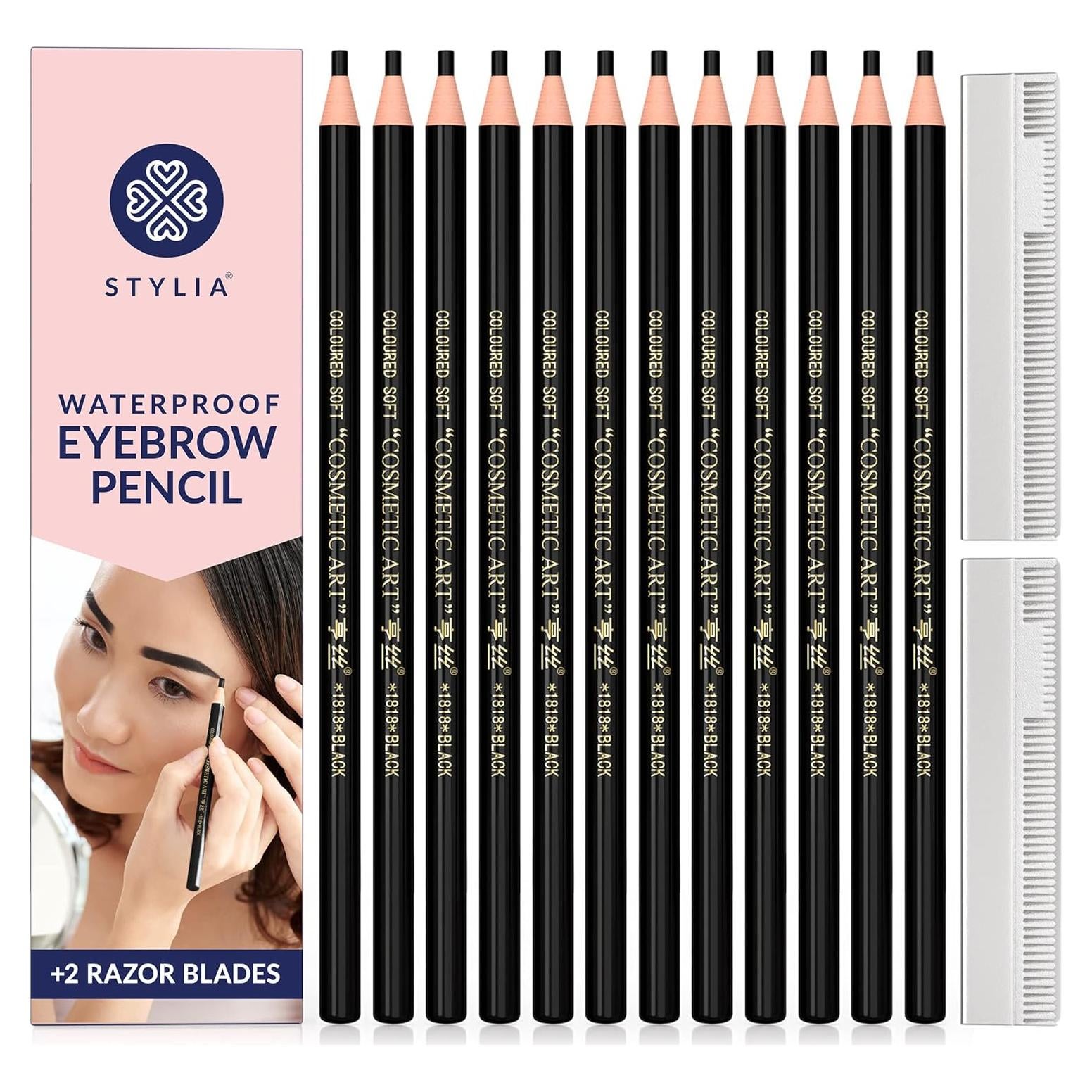 Lápices de Cejas Impermeables Stylia - 12PC Negro