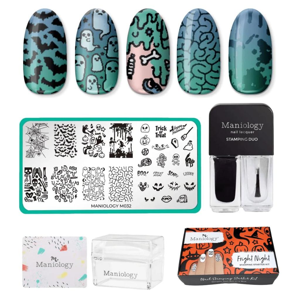 Kit de Estampado de Uñas Halloween Maniology - Placa, Esmalte, Top Coat