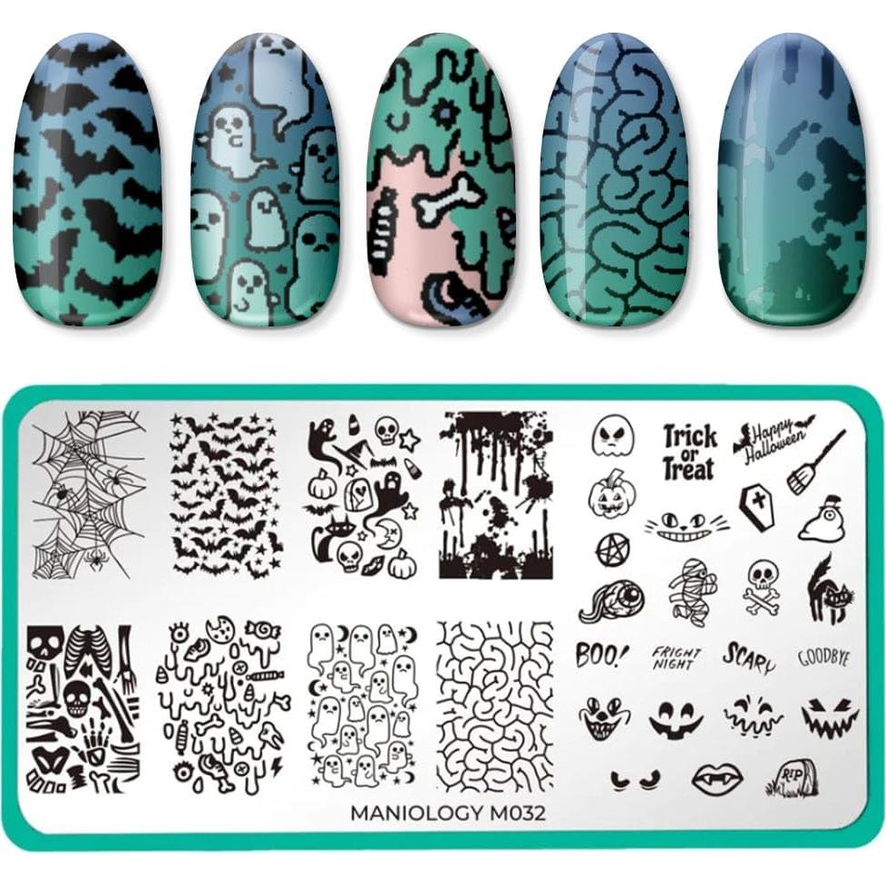 Kit de Estampado de Uñas Halloween Maniology - Placa, Esmalte, Top Coat