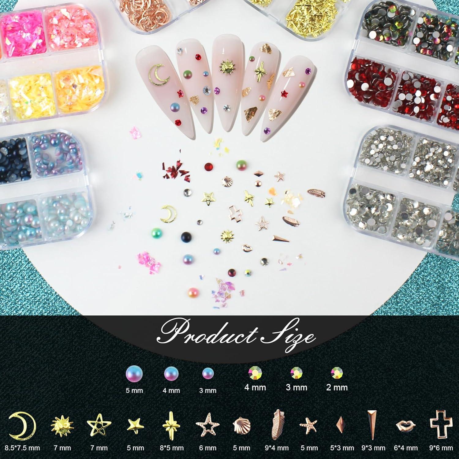 Kit de Studs para Uñas Artdone - 6 Cajas Multicolor y 15 Hojas de Pegatinas Doradas