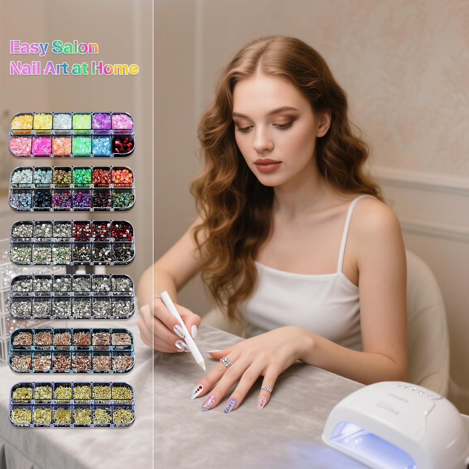 Kit de Studs para Uñas Artdone - 6 Cajas Multicolor y 15 Hojas de Pegatinas Doradas
