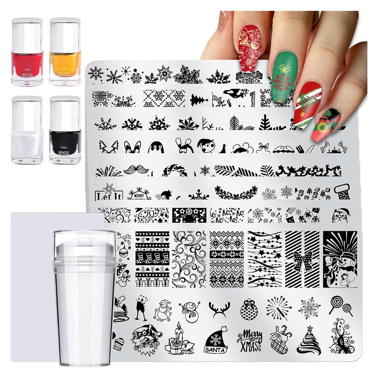 Kit de Estampado de Uñas Navidad BYETOCE 4 Esmaltes 8 Placas