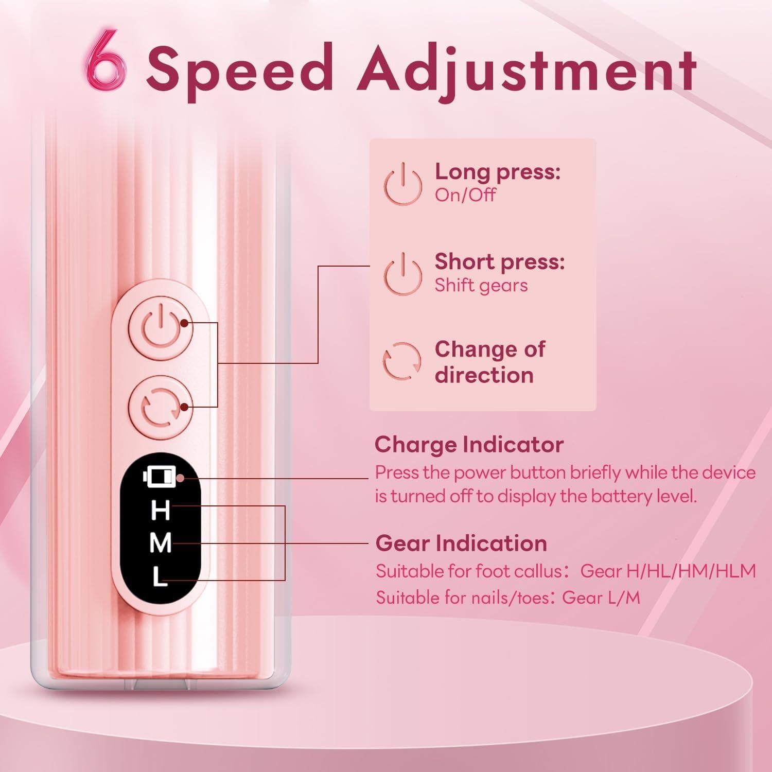 Removedor de Callos Eléctrico JINYAWA Rosa 6 Velocidades LCD