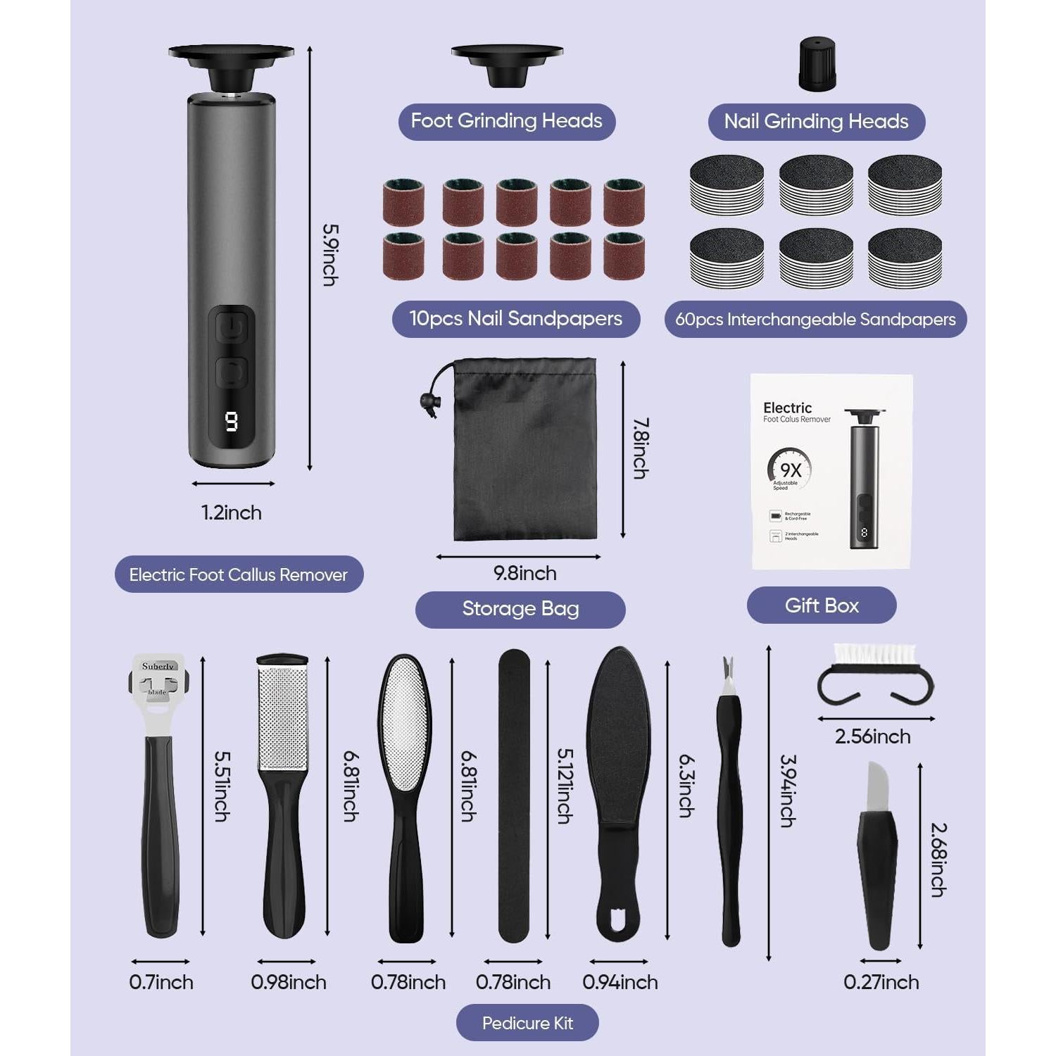 Removedor de Callos Eléctrico 9 Velocidades USB Gris Oscuro