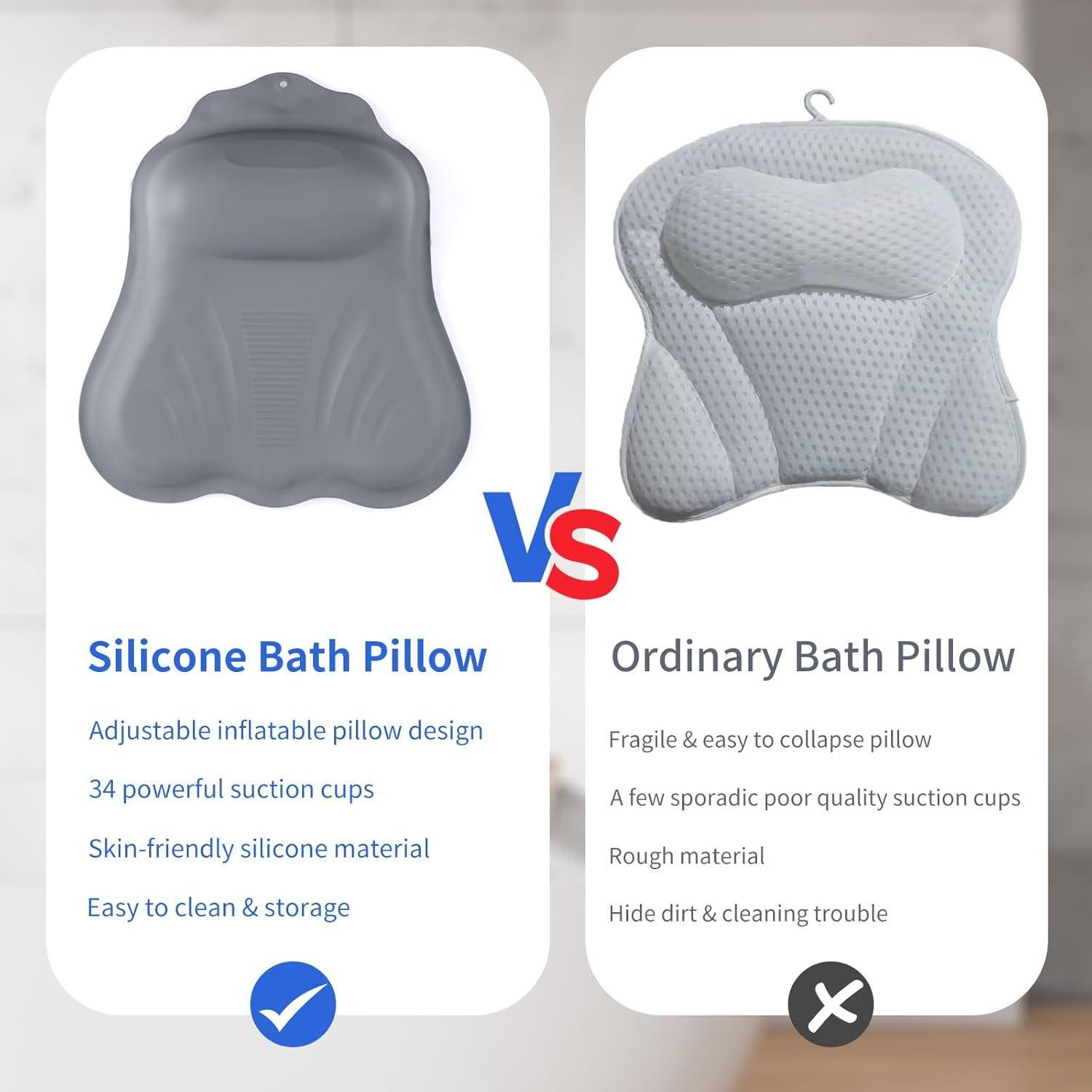 Almohada de Baño Goowin de Silicona Gris con Succión Fuerte