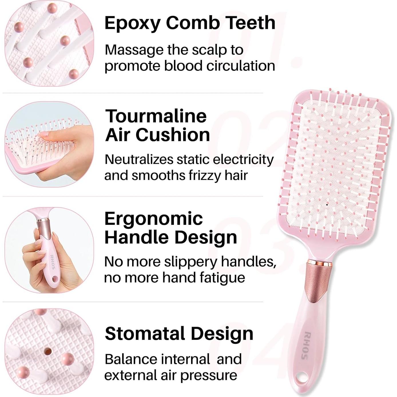 Cepillo Paddle RHOS para Cabello Grueso y Rizado - Rosa