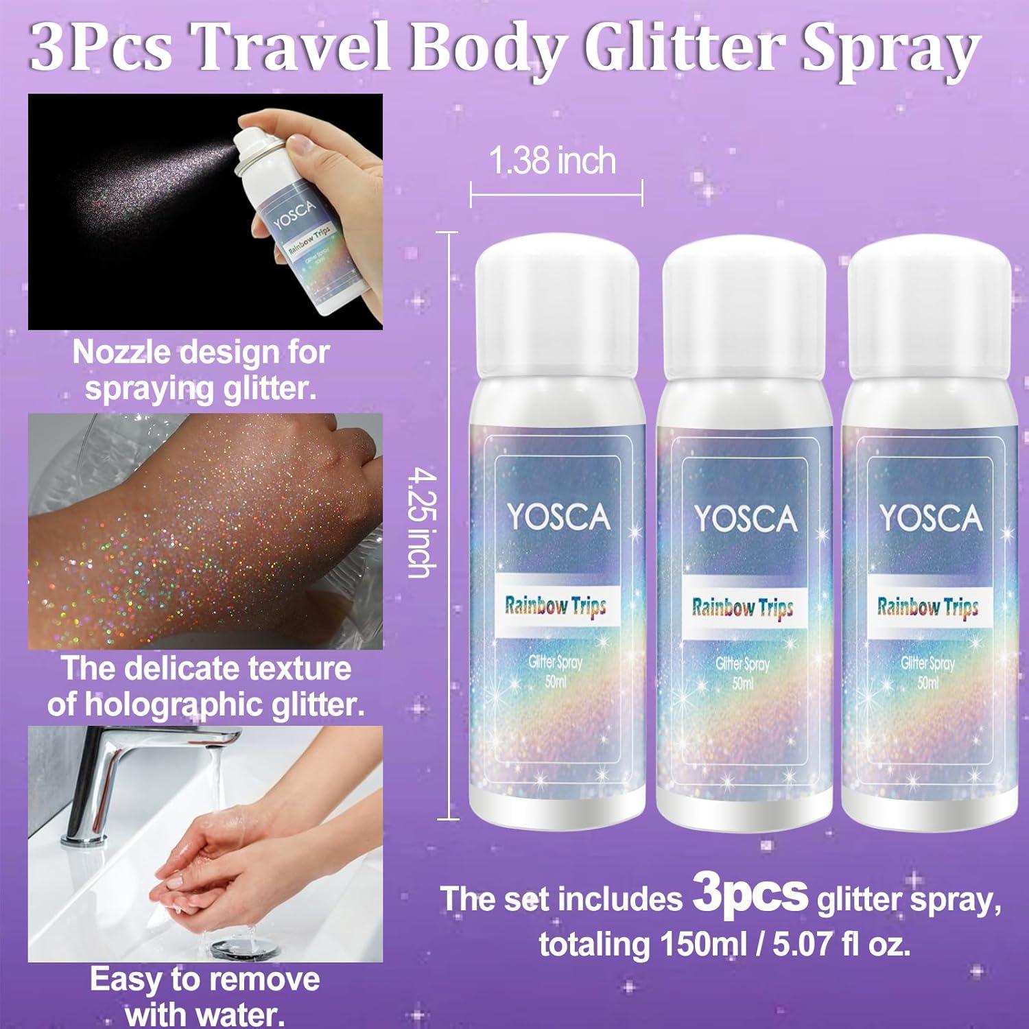 Spray Brillante Yosca 3Pcs 50ml Holográfico para Cuerpo y Cabello