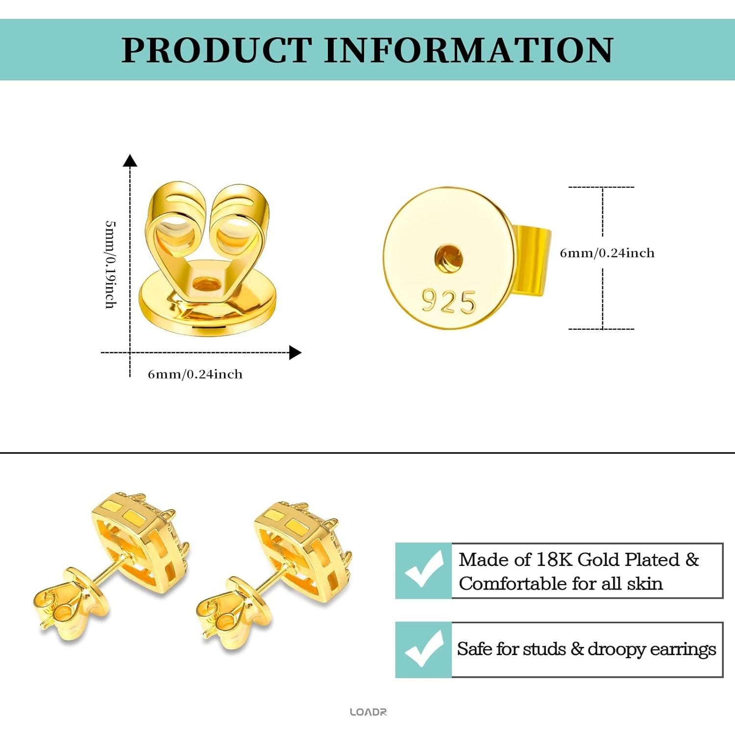 Earring Backs for Studs,18K Gold Ear Backs for Earrings 925 Silver Plated Earring Backs Replacements for Studs/Droopy Ears（6 Pairs）