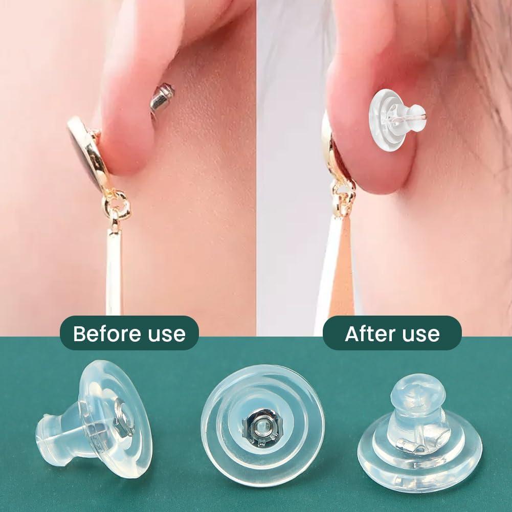 Earring Backs, 18K Gold Silicone Earring Backs, Studs, Hypoallergenice Silicone Earring Backs Replacements for Studs/Droopy Ears, No-Irritate Soft Clear Earring Backs for Adults (Color:Silver)