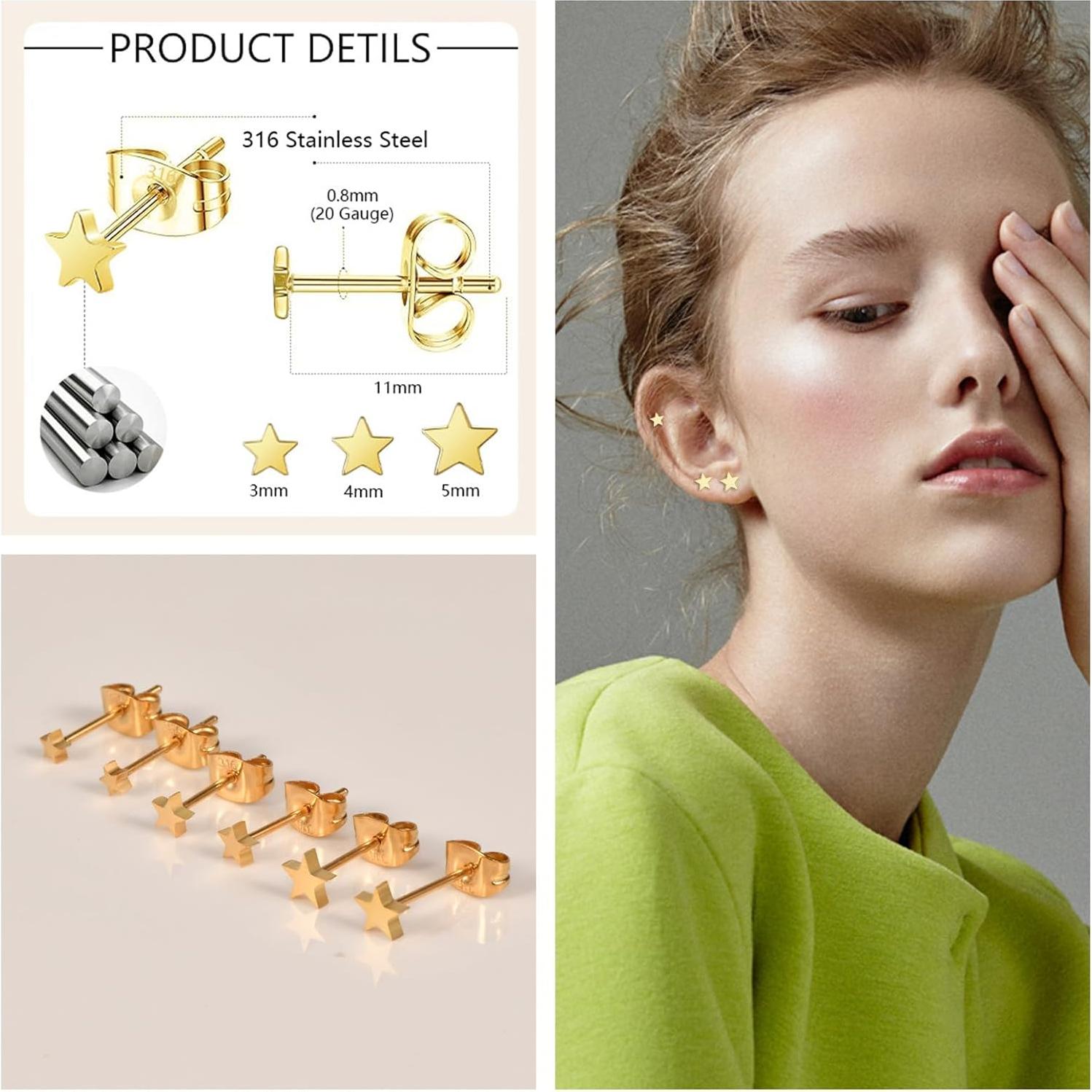 Pendientes de Stud Hopply Acero Quirúrgico Hipoalergénico 3 Pares