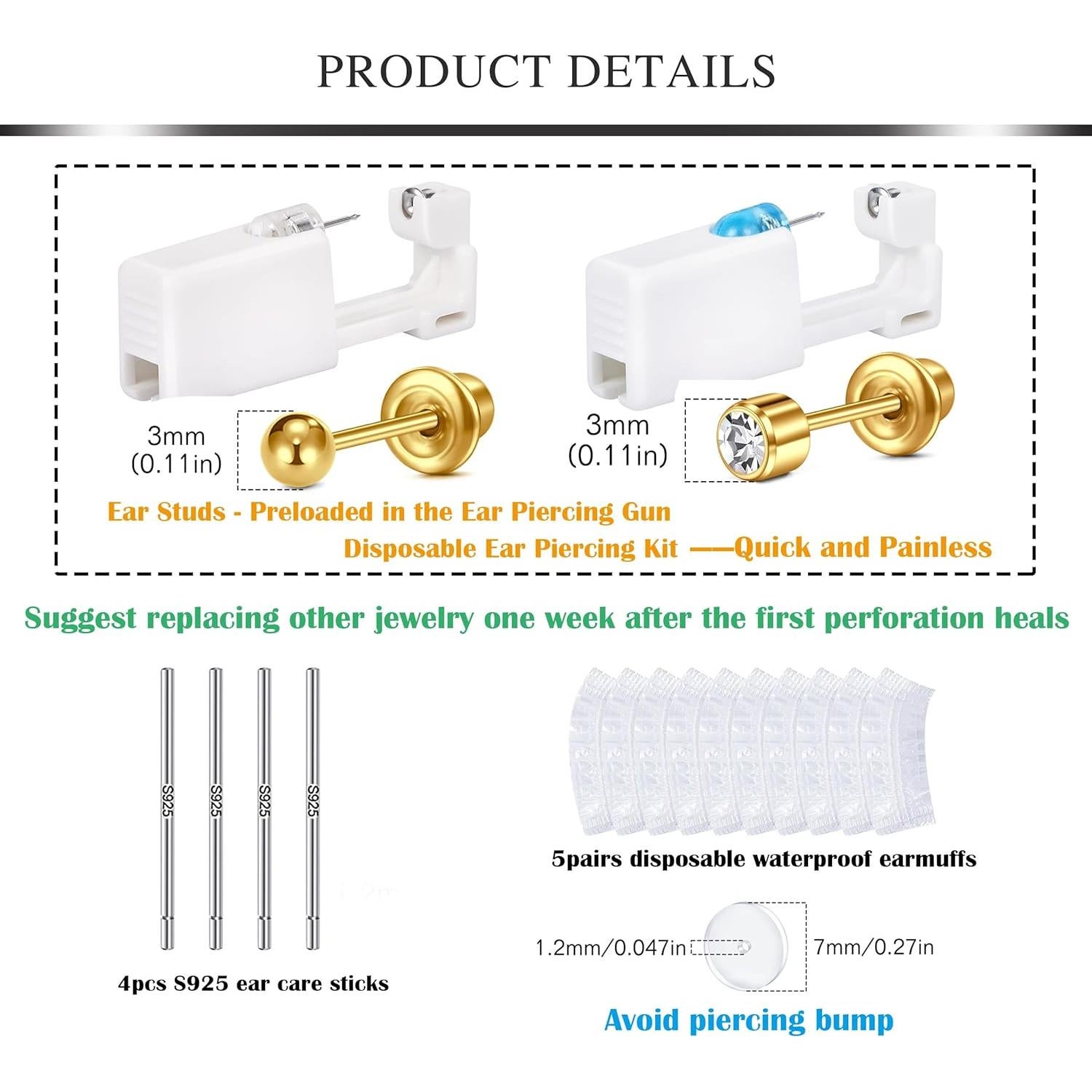 Kit de Perforación de Orejas AVYRING - 2 Pares, Acero Quirúrgico