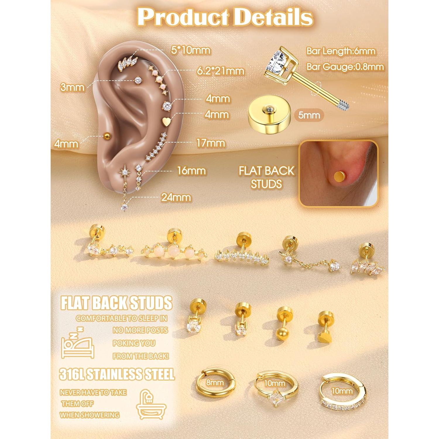 Set de Pendientes de Cartílago YADOCA 12 Piezas Hipoalergénicos