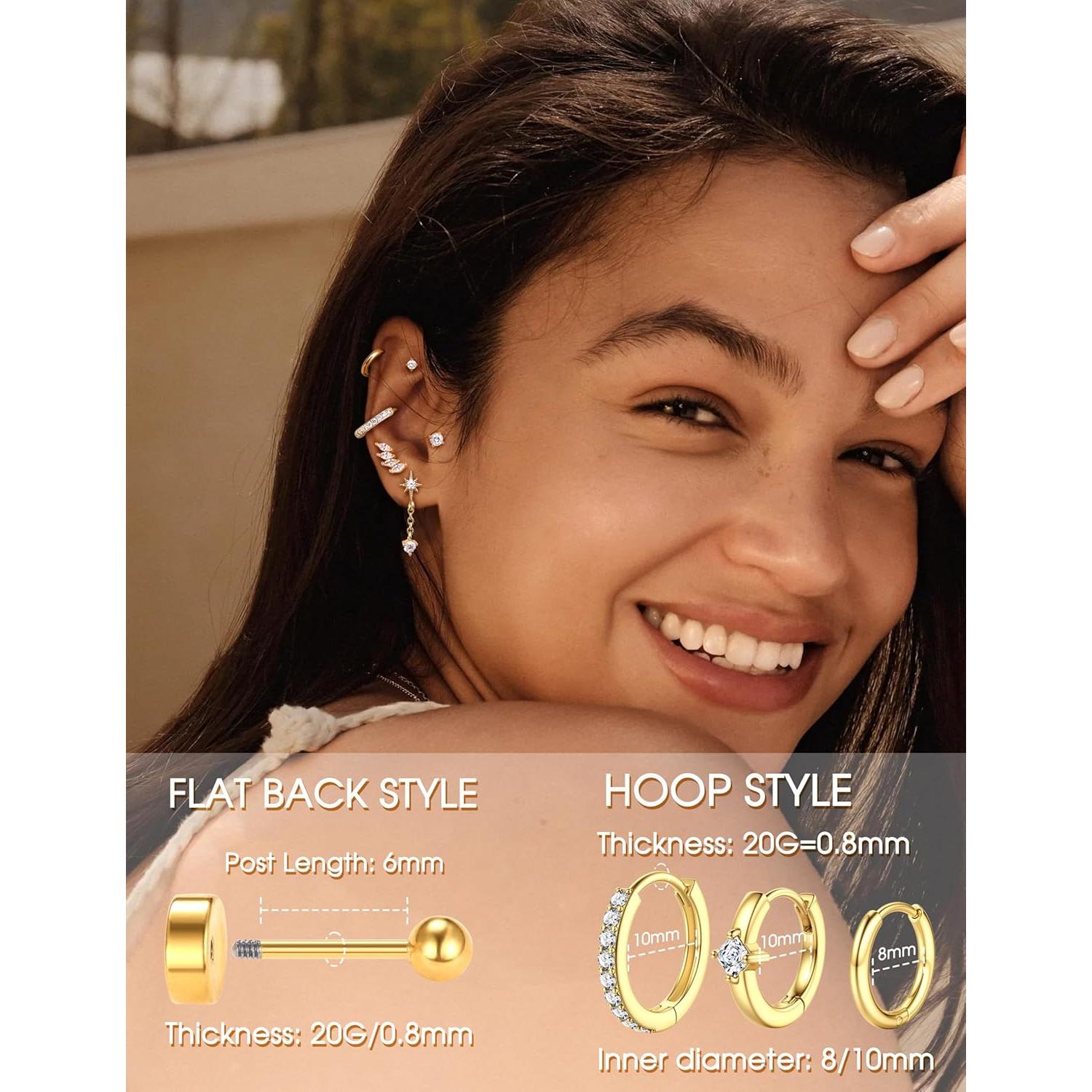 Set de Pendientes de Cartílago YADOCA 12 Piezas Hipoalergénicos