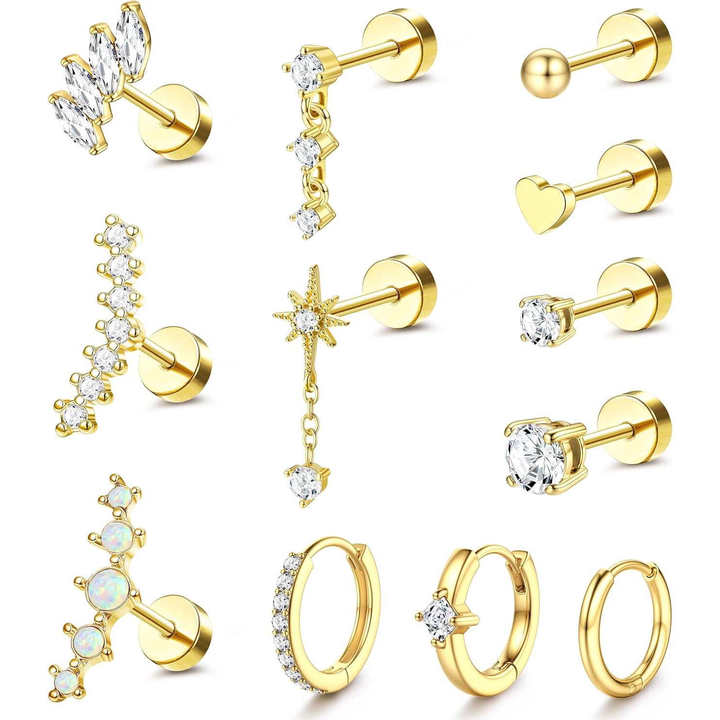 Set de Pendientes de Cartílago YADOCA 12 Piezas Hipoalergénicos