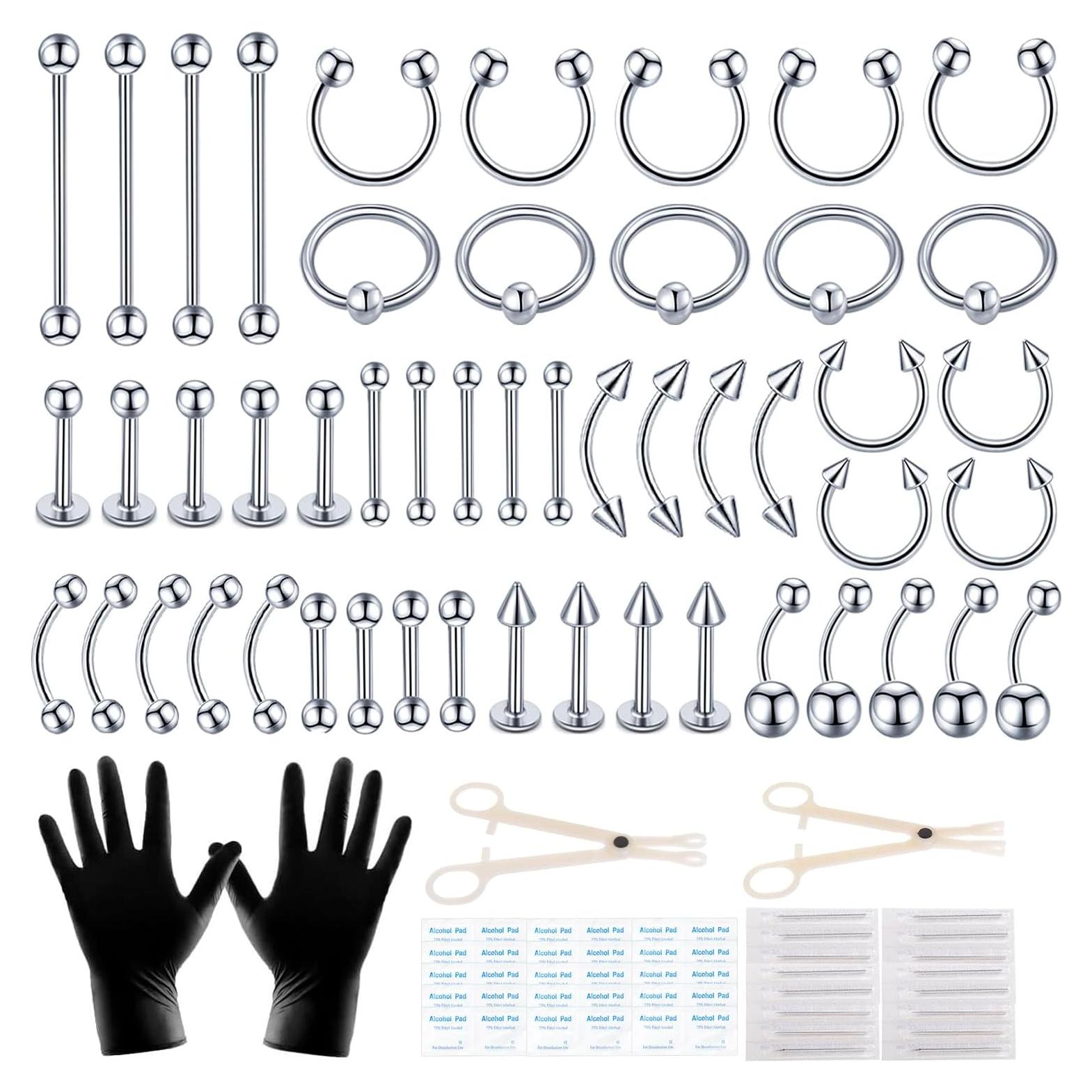 Kit de Piercing 104PCS Acero Inoxidable 14G 16G Unisex