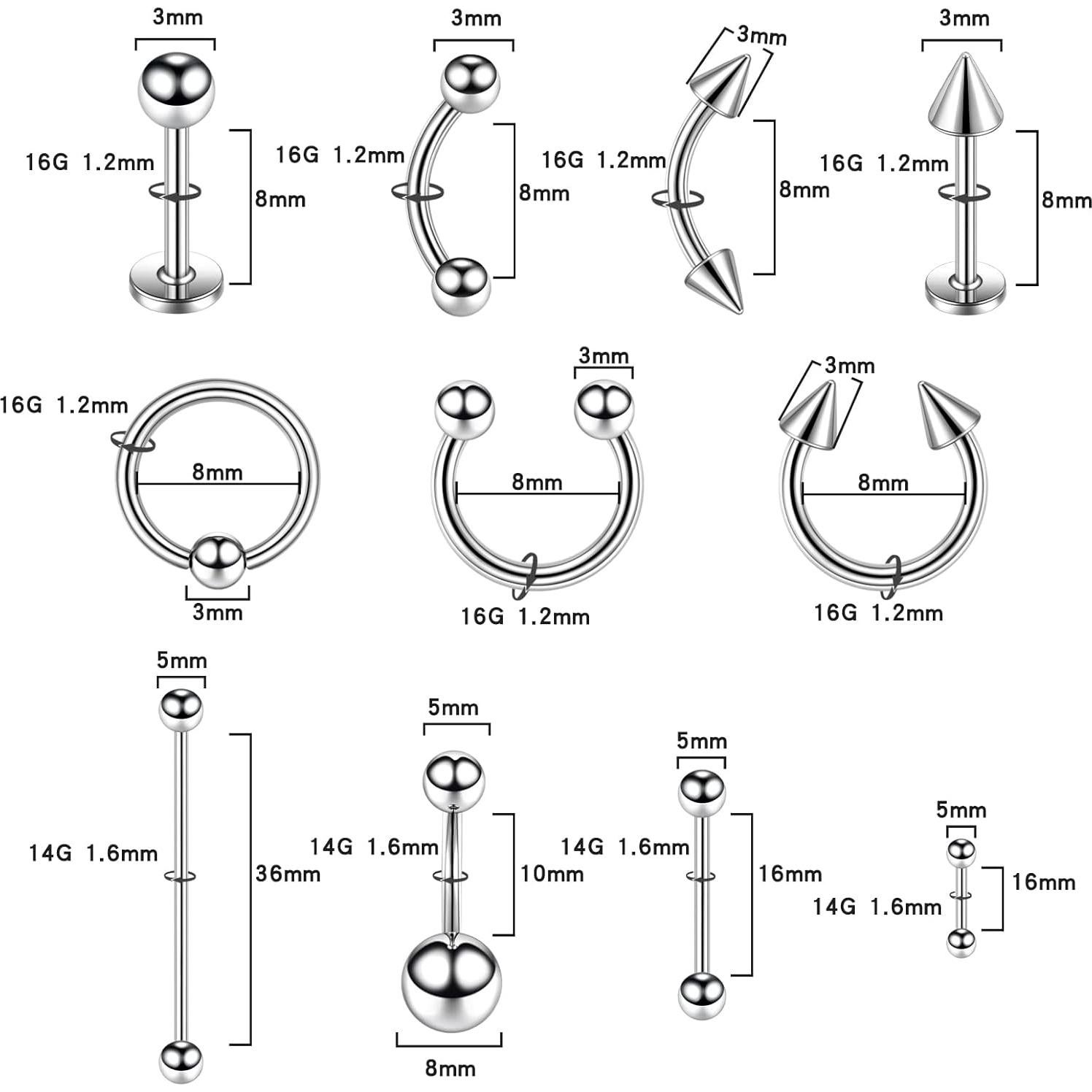 Kit de Piercing 104PCS Acero Inoxidable 14G 16G Unisex
