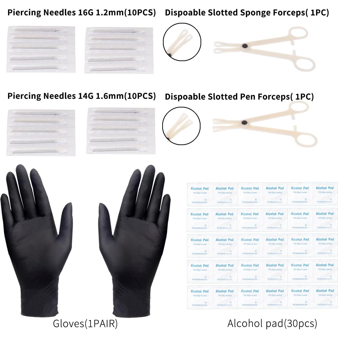 Kit de Piercing 104PCS Acero Inoxidable 14G 16G Unisex