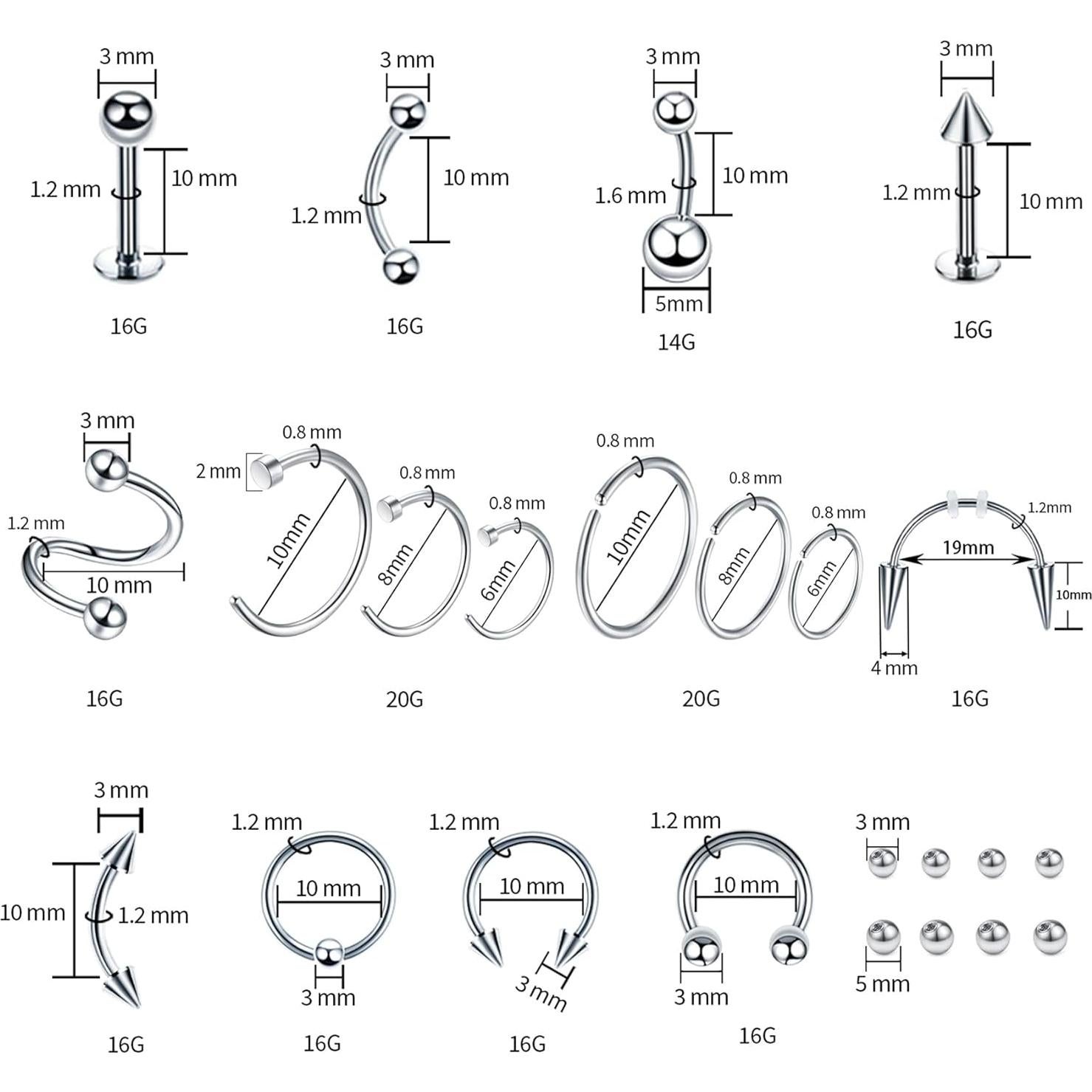 Kit de Piercing Corporal 94 Piezas TKKUY Acero Inoxidable