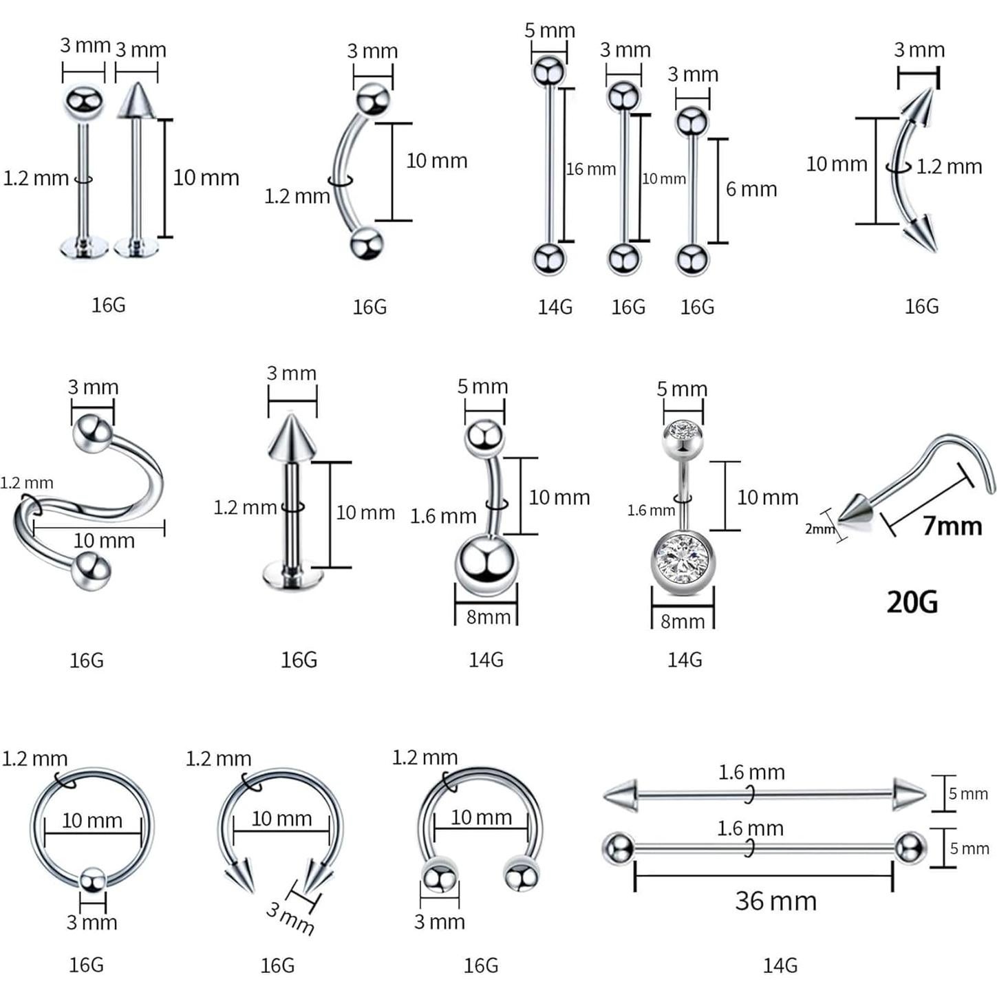Kit de Piercing Tustrion 153 Piezas Acero Inoxidable 316L