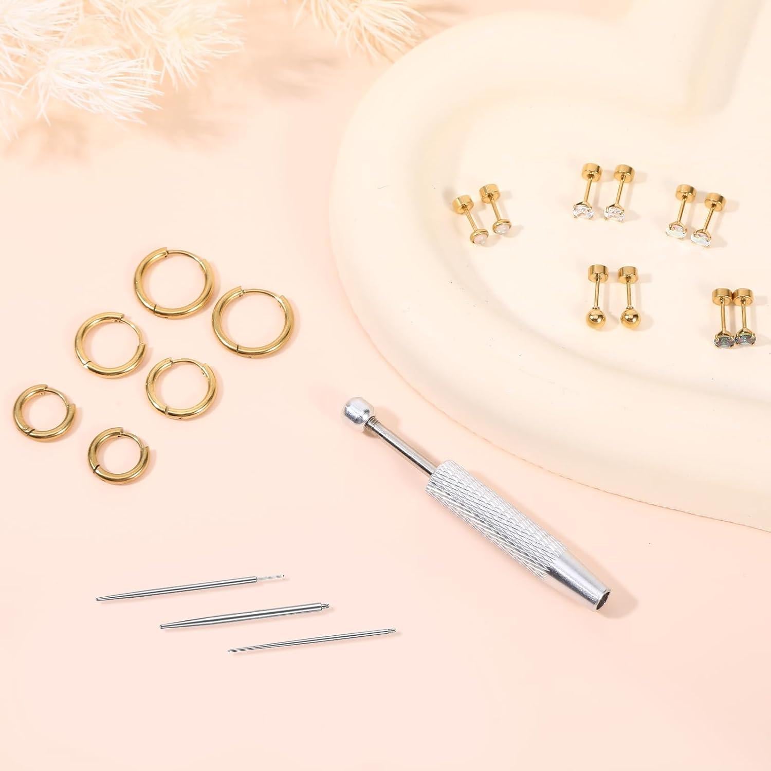 Kit de Herramientas para Piercing 16G 18G - Agarrador y Pendientes