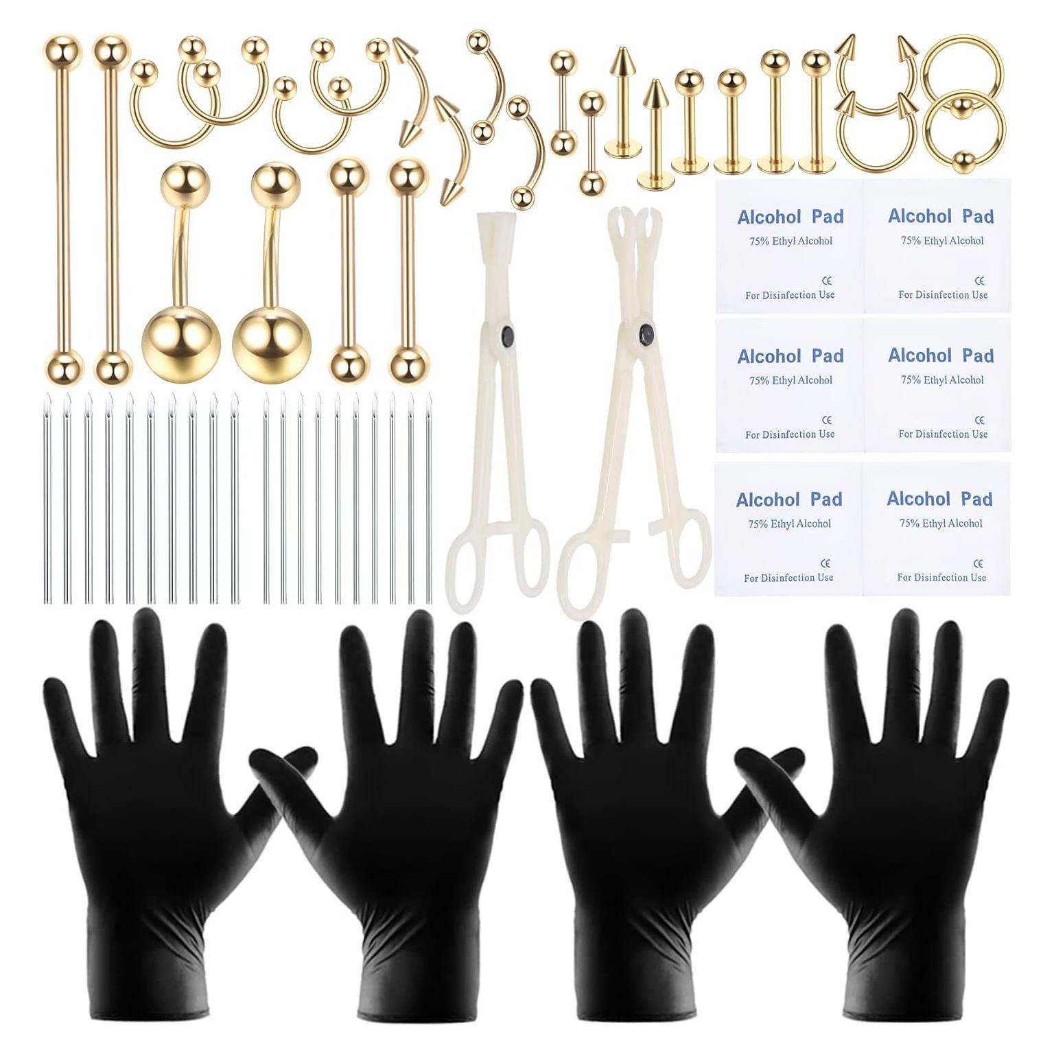Kit de Piercing Corporal 58PCS Acero Quirúrgico 14G 16G Oro