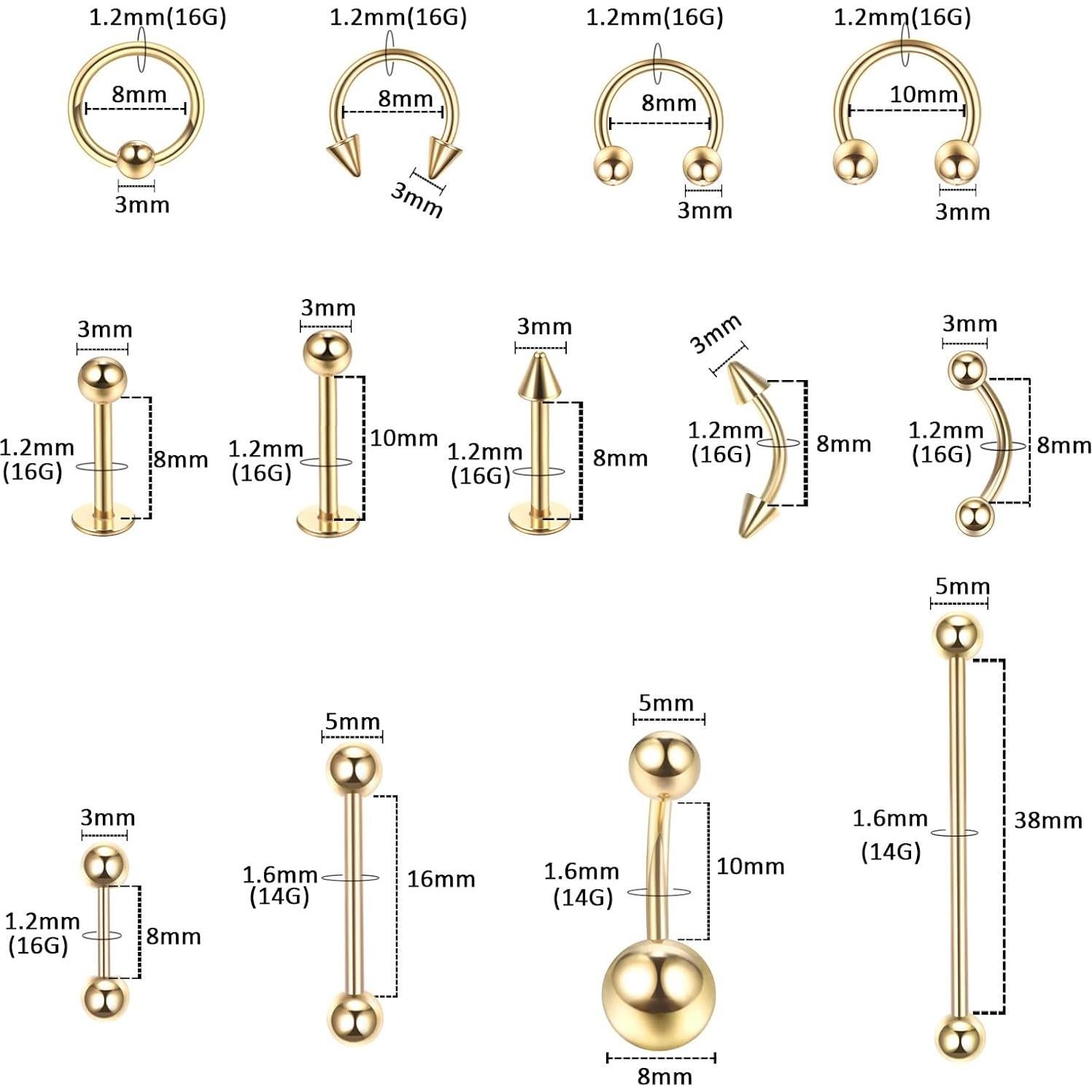 Kit de Piercing Corporal 58PCS Acero Quirúrgico 14G 16G Oro
