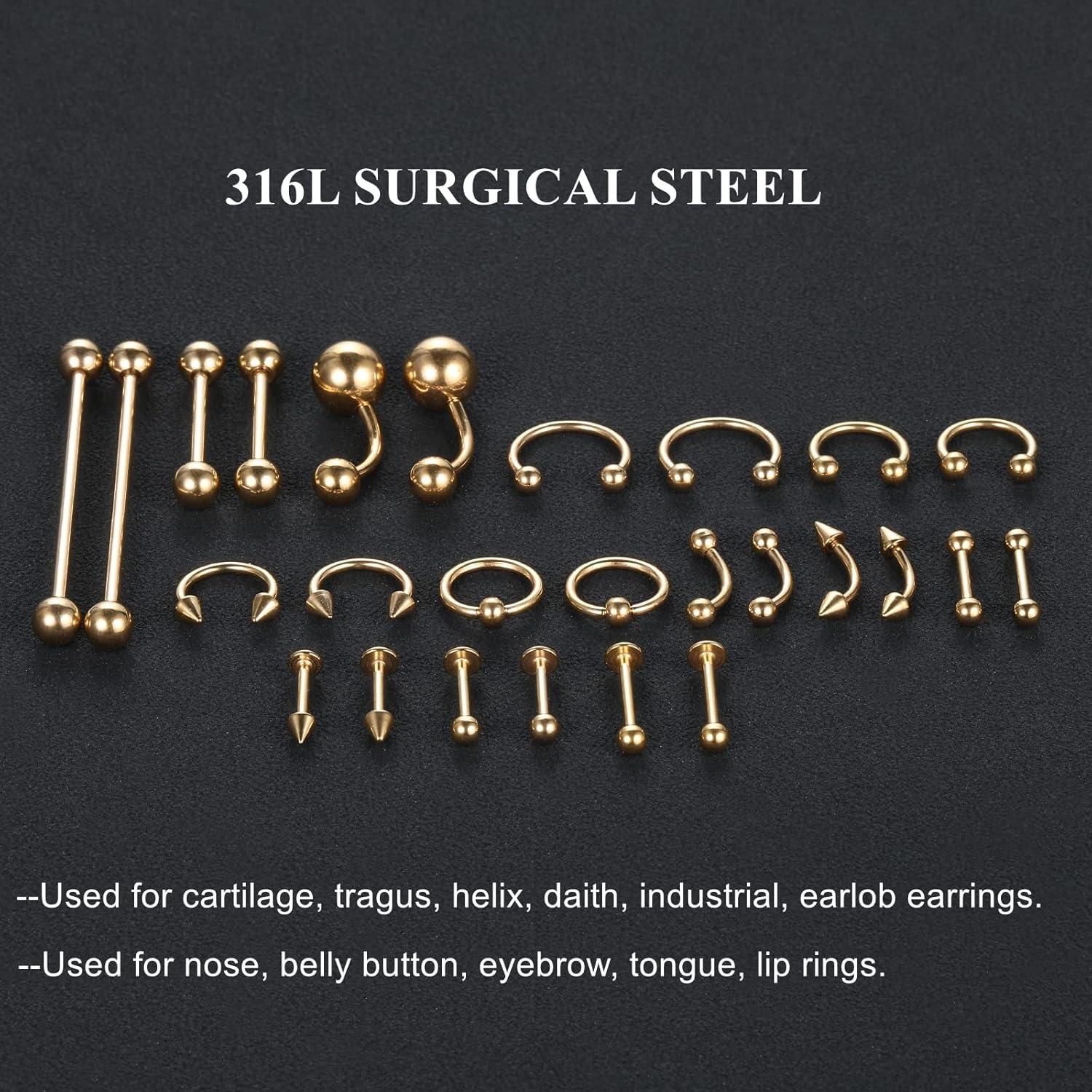 Kit de Piercing Corporal 58PCS Acero Quirúrgico 14G 16G Oro