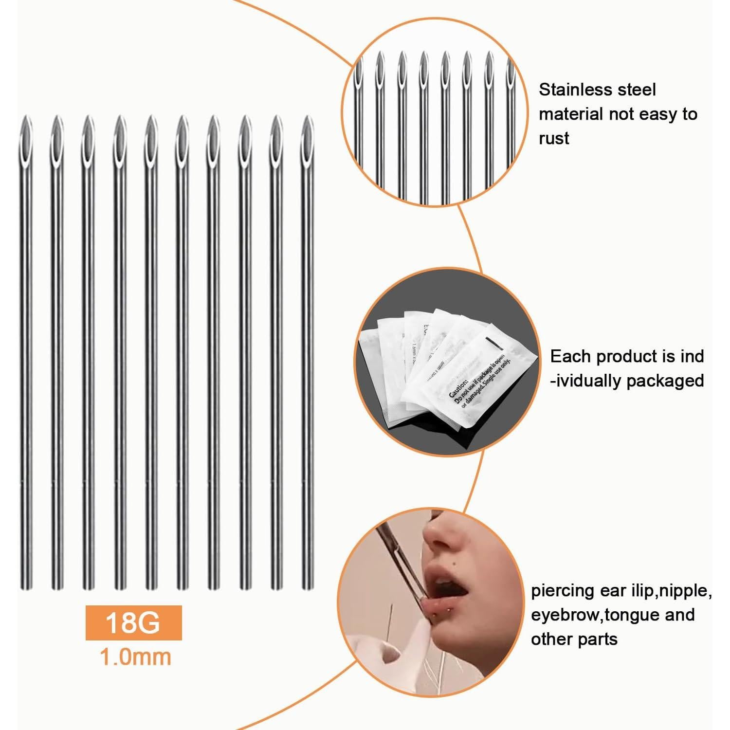 Kit de 30 Agujas para Piercing Estériles 18G Acero Inoxidable